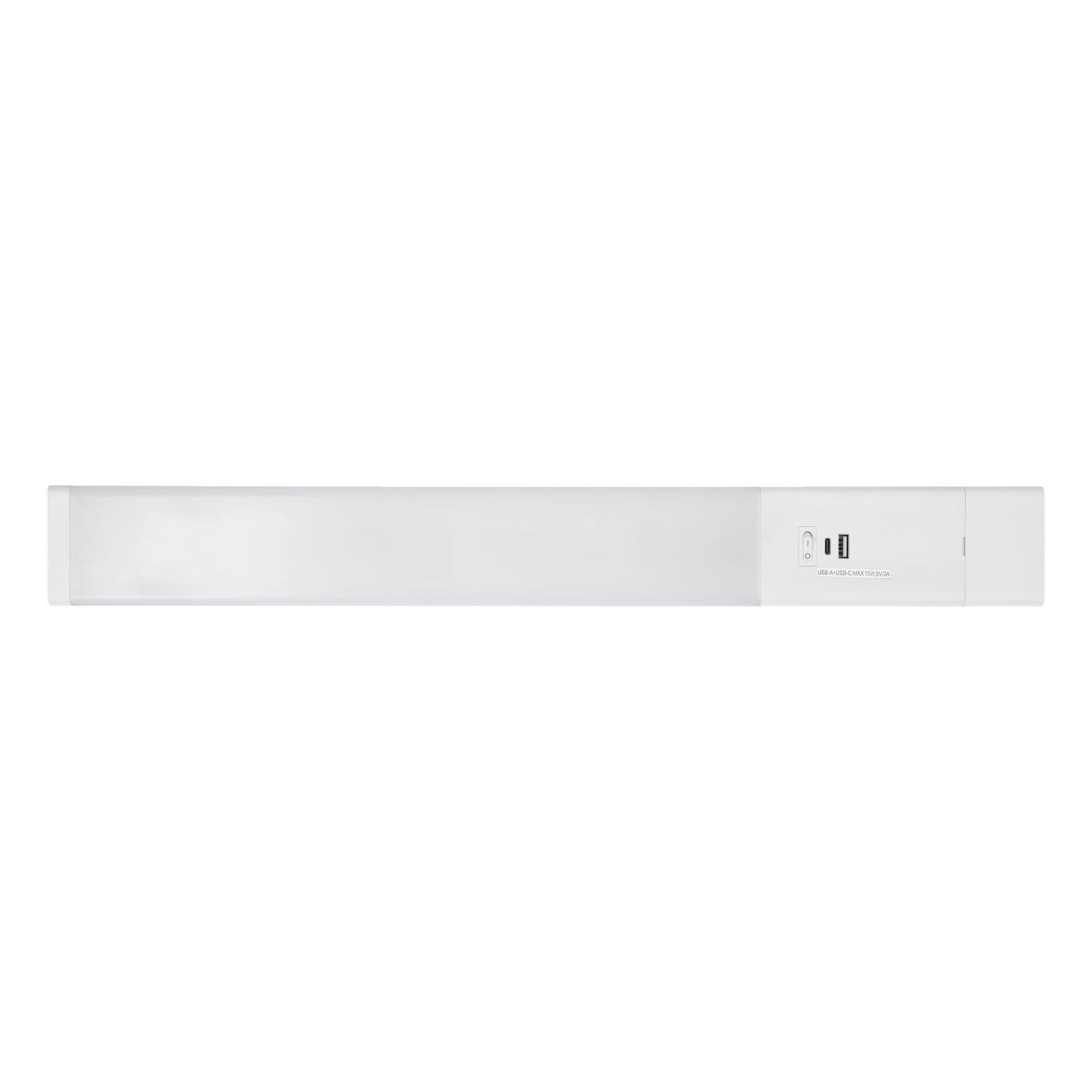 Anslut Worktop-lampan är en rektangulär vit ljusbar med genomskinligt lock, skjutbrytare, USB-port och micro USB-laddningsport. Ytan är enkel och det ser ut som att den kan monteras på en vägg.