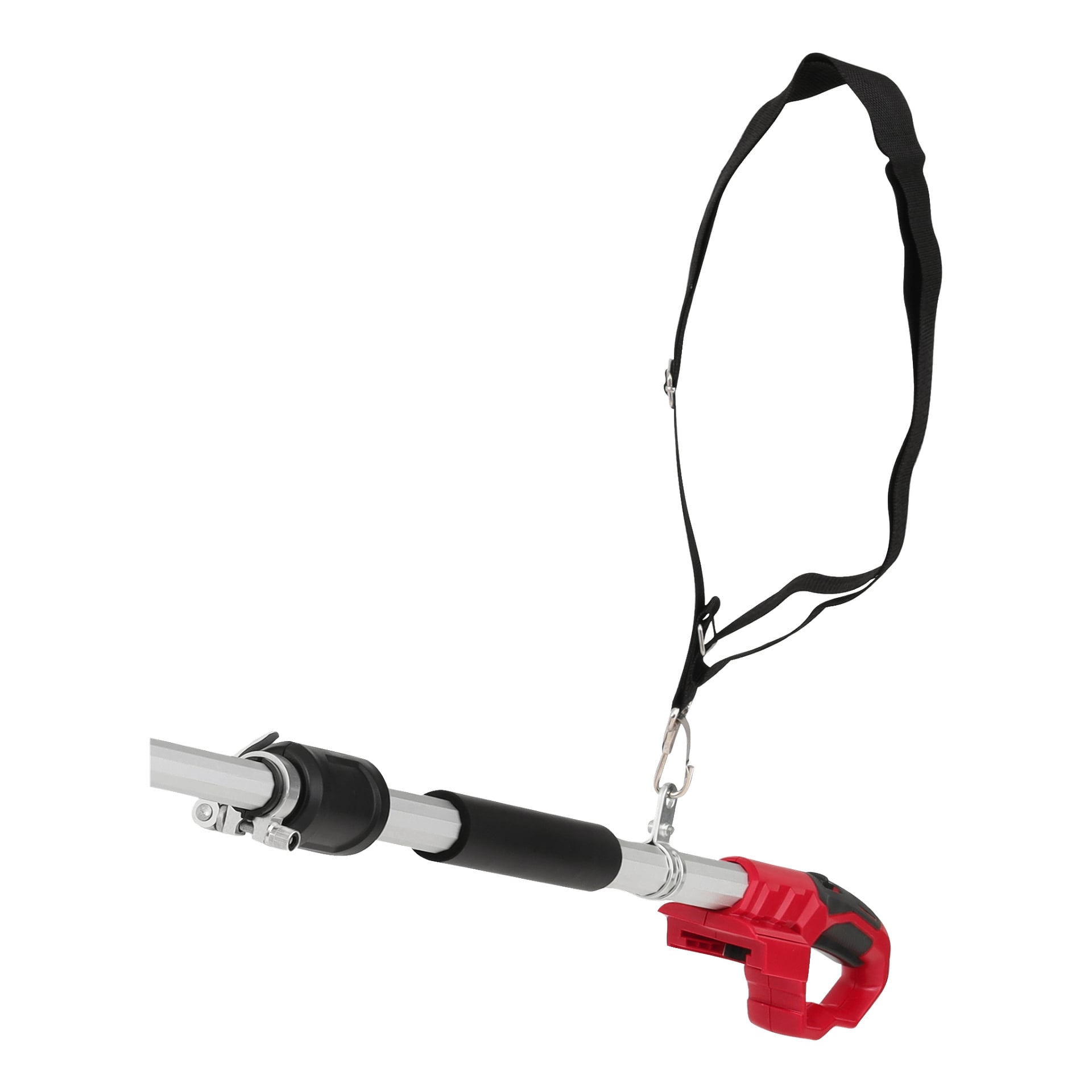 Närbild på Meec Tools Multiseries sladdlösa häcksax, som visar dess teleskopiska metallhandtag med rött grepp och en fäst svart axelrem.