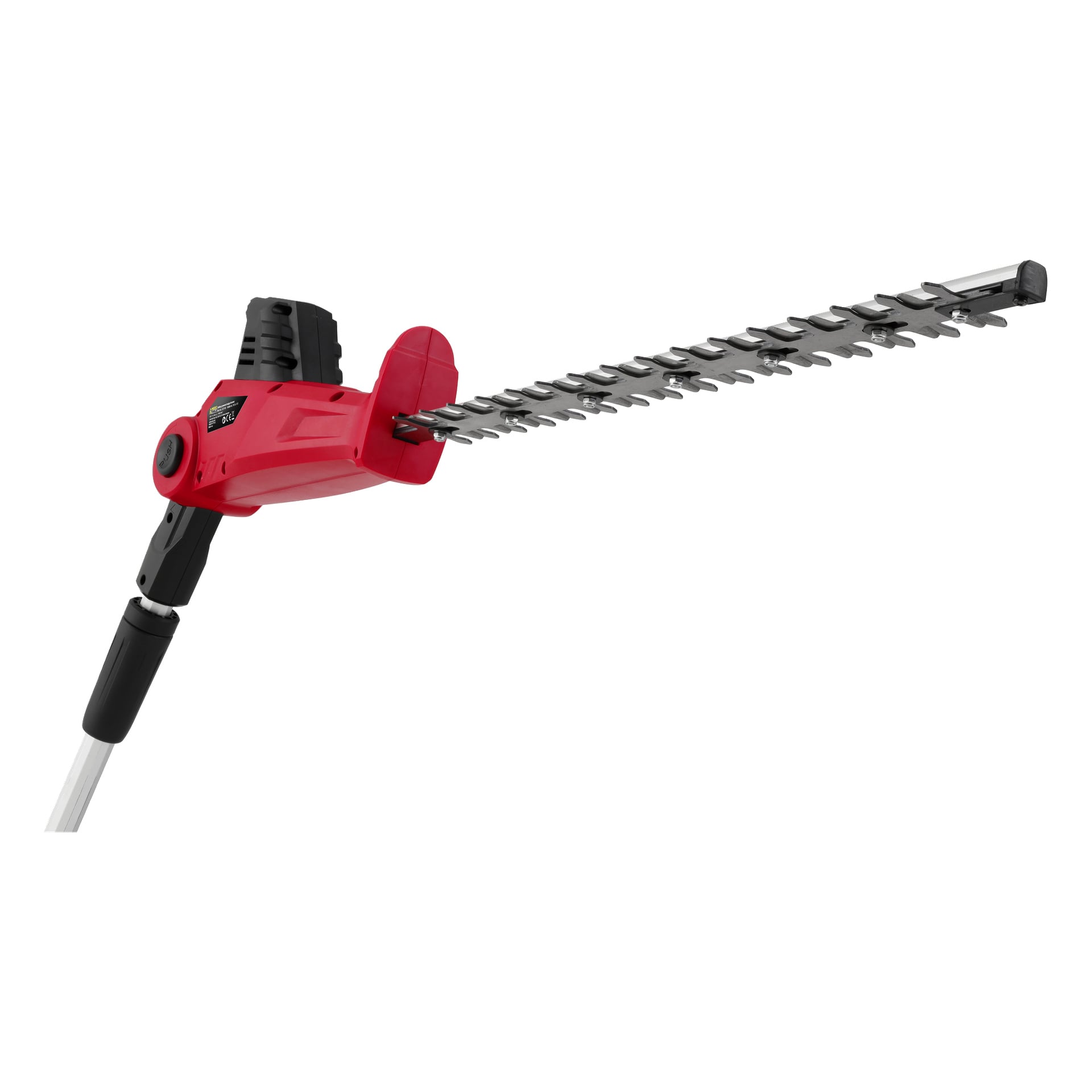 En batteridriven häcksax från Meec Tools Multiseries med teleskopiskt handtag, utrustad med ett förlängt silverblad, ett framträdande handtag och en säkerhetsskydd.