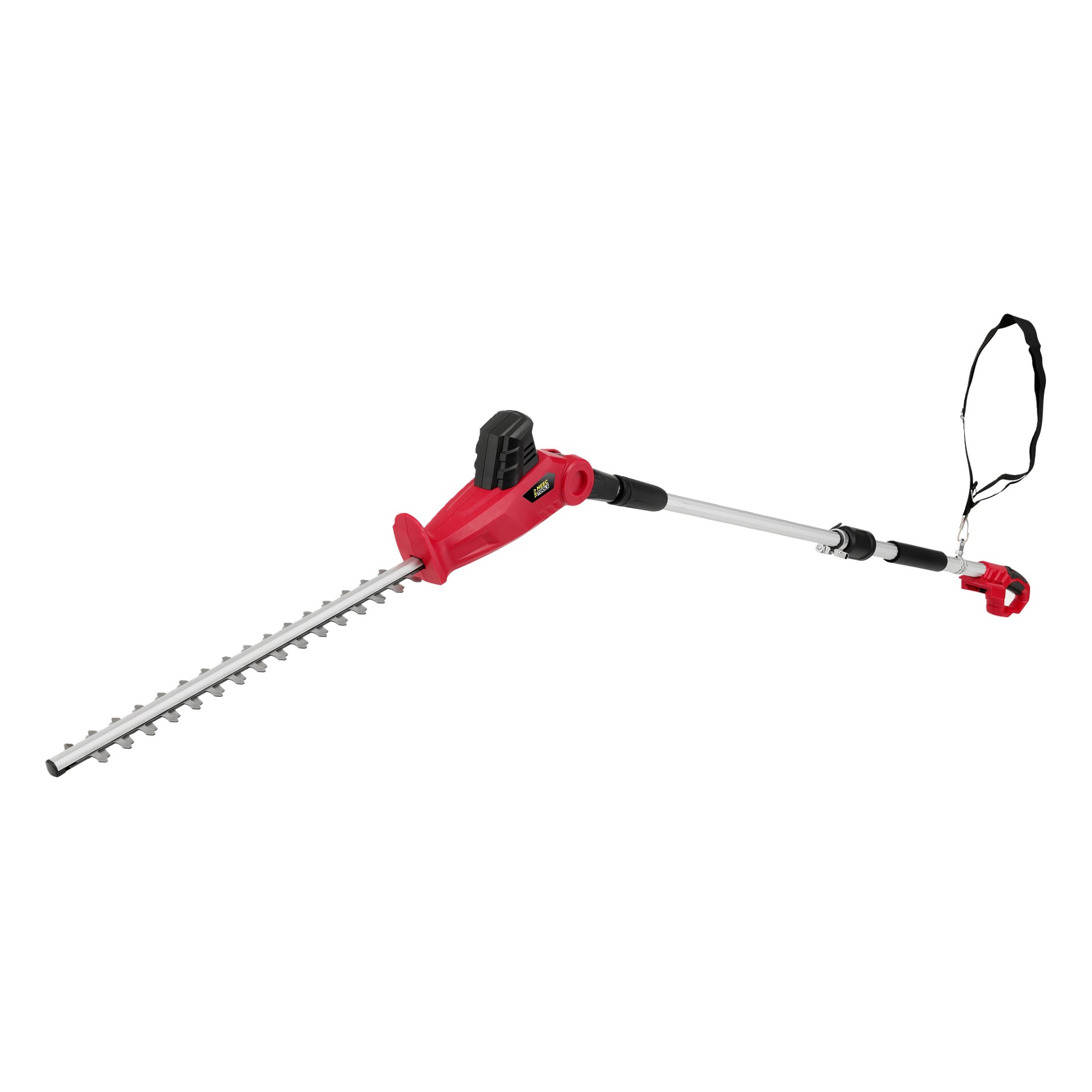 En batteridriven Meec Tools Multiseries häcksax med teleskopskaft, med röd och silverfärgad färg, svart grepp på handtaget, vasst skärblad och en svart axelrem fäst vid basen.