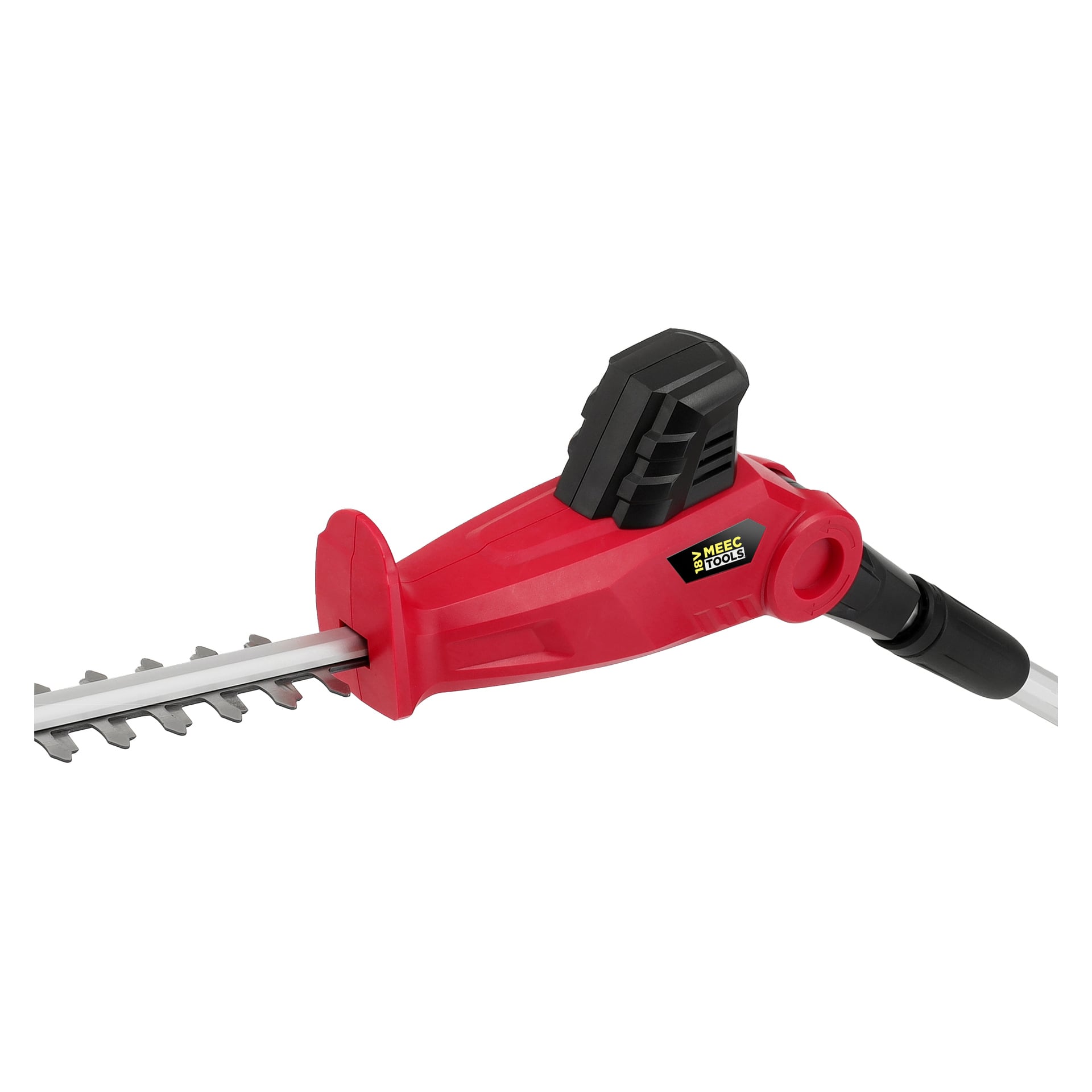 Närbild av en röd häcksax som drivs av batteri, med ett svart teleskopiskt handtag och ett silverblad. Namnet Meec Tools Multiseries finns på sidan av enheten, med verktyget horisontellt.
