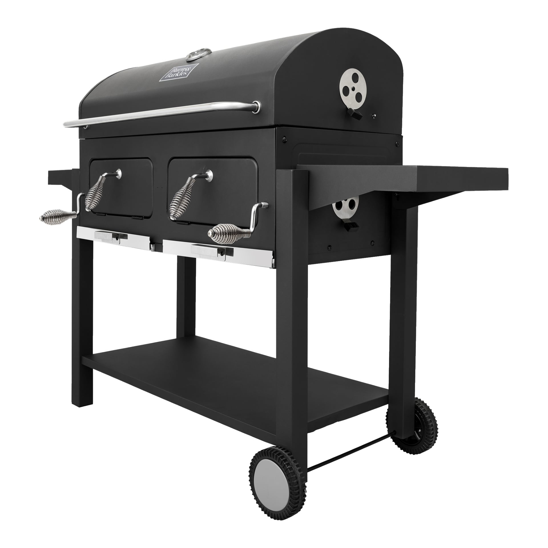 Burns & Barkles Double Charcoal Grill Coal King 8242 är en utomhusgrill gjord av svart metall, designad med ett böjt lock, två handtag på sidorna, två lådor framtill, metallhyllor på båda sidor, en förvaringshylla under och monterad på två hjul för enkel rörelse.