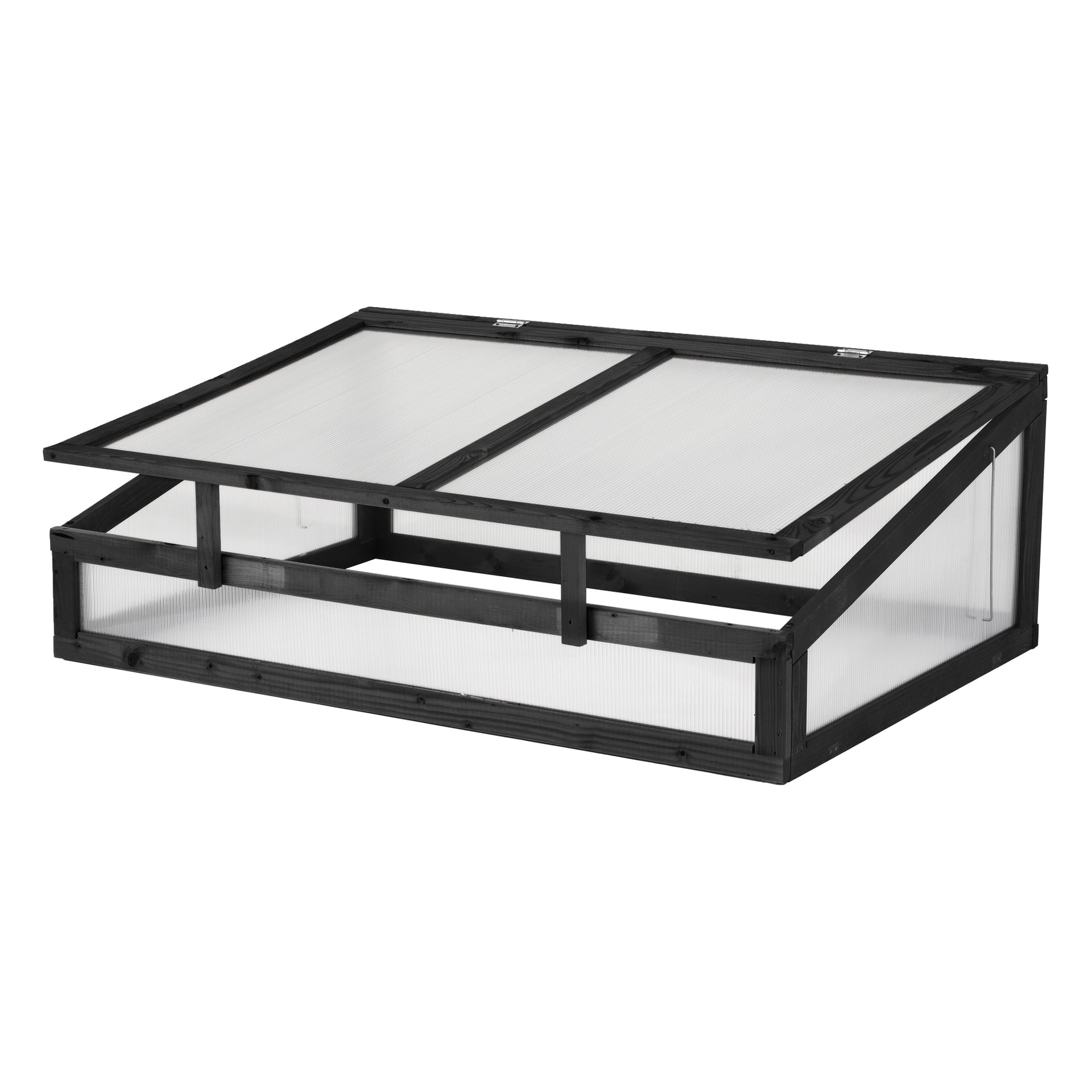 Ett rektangulärt kallramsväxthus kallat Hard Head Greenhouse for Cultivation Collar, byggt med en svart träkonstruktion och transparenta plastpaneler. Den har två gångjärnsförsedda taksektioner som öppnas för att släppa in luftflöde.
