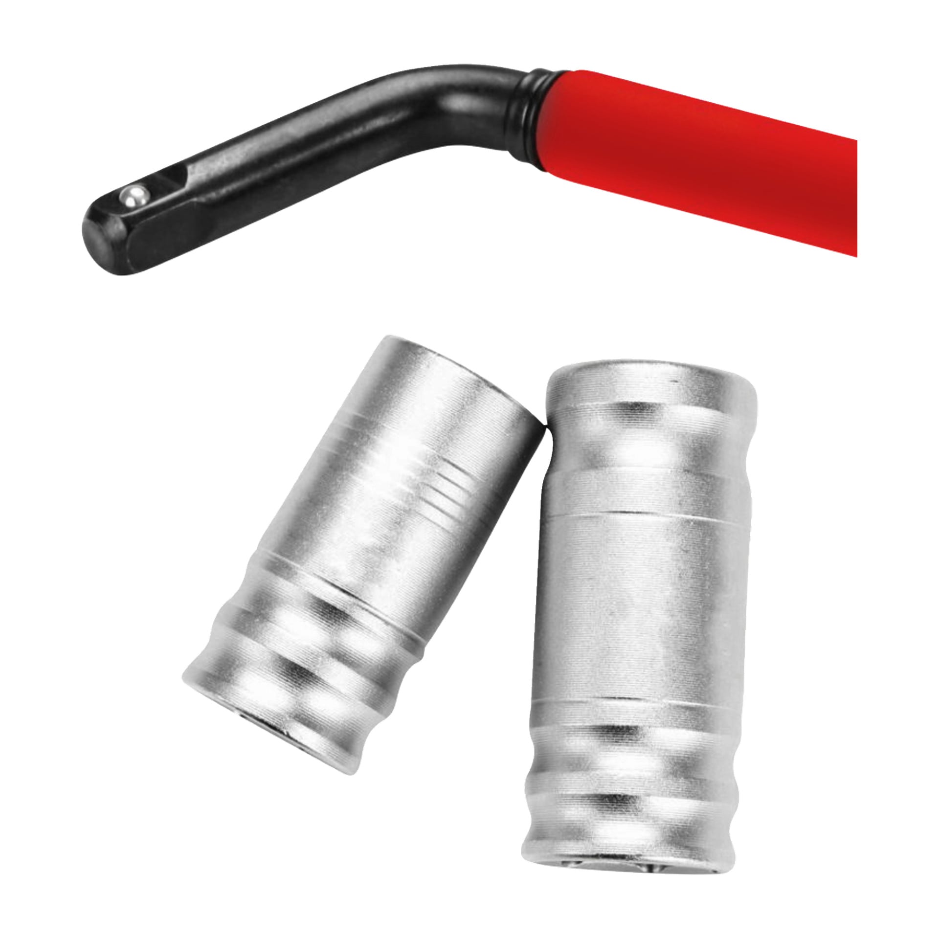 En svart och röd hjulmutternyckel från Meec Tools med ett hål nära spetsen är placerad ovanför två metallhjulmutterhylsor.