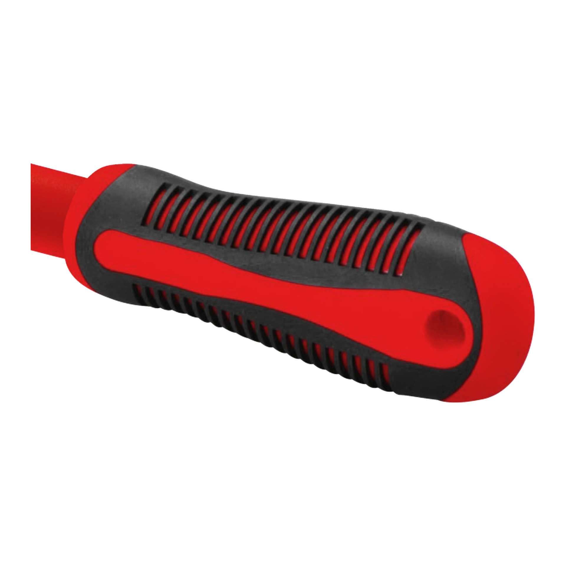 En närbild på ett mutterhandtag från Meec Tools Wheel med ett rött och svart strukturerat gummigrepp och ett hål i änden.