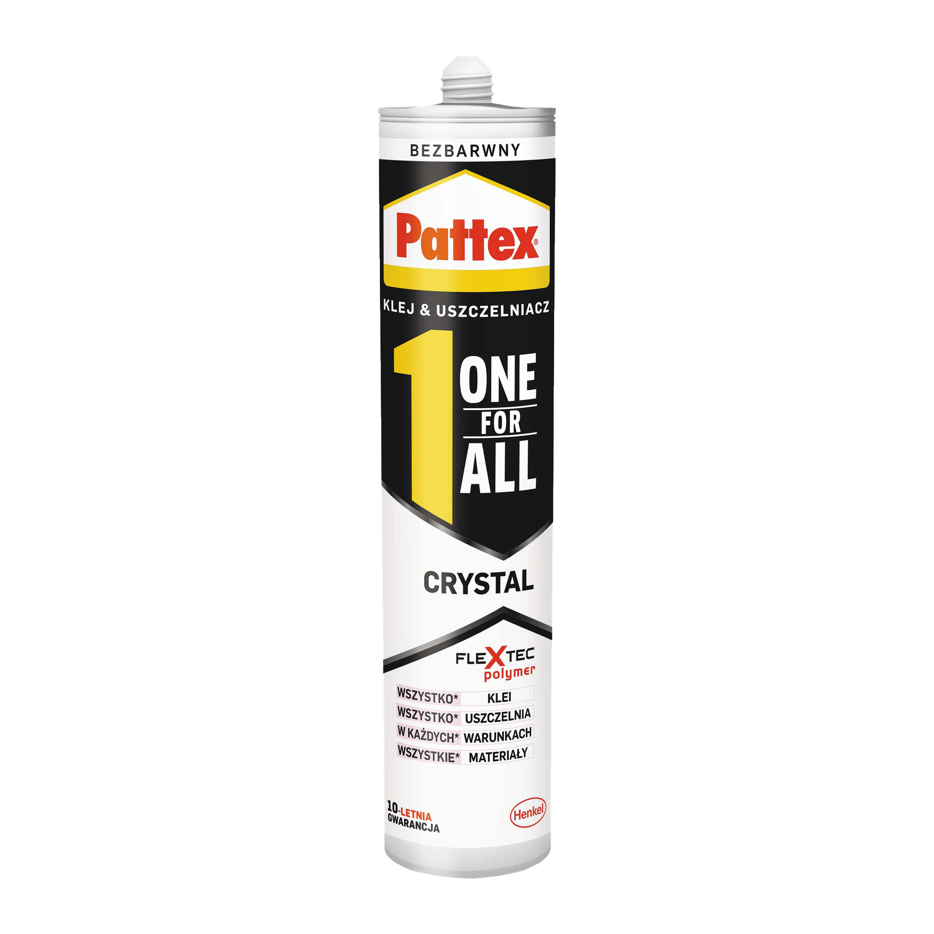 Tubka kleju uniwersalnego Pattex One For All Crystal z polimerem FLEXTEC, z białą, czarną i żółtą etykietą. Opakowanie podkreśla 10-letnią gwarancję i wskazuje na przydatność do różnych zastosowań.