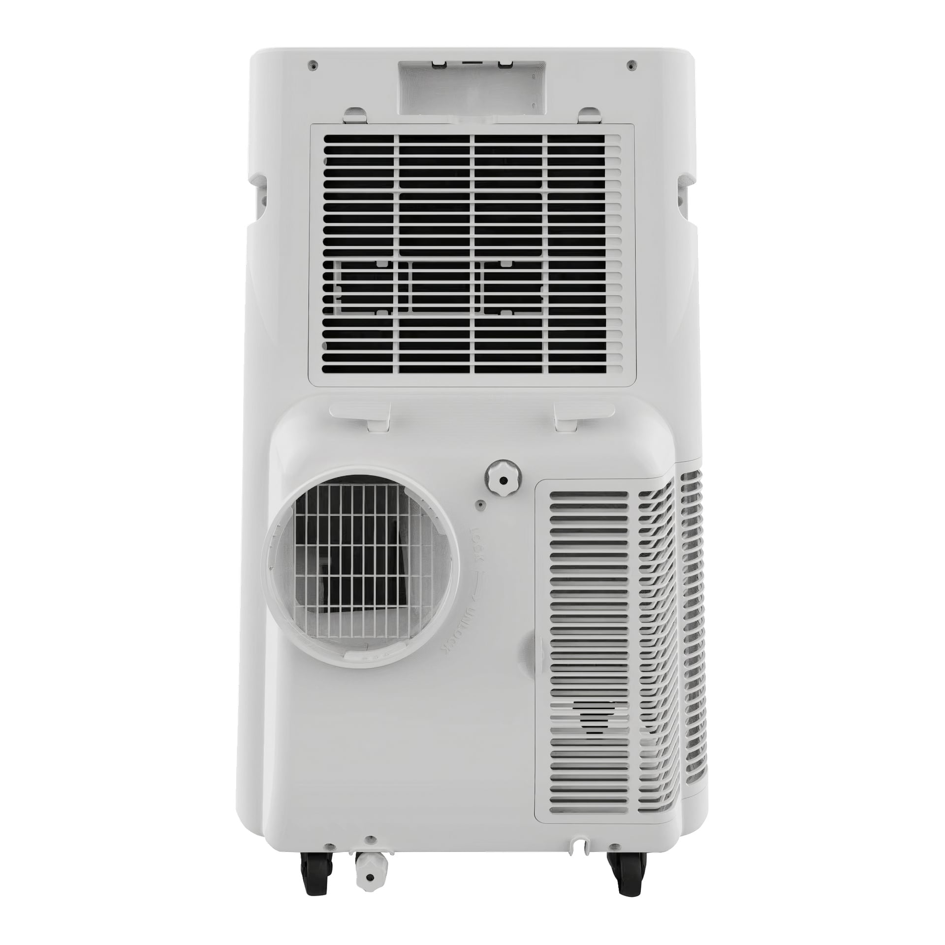Widok z tyłu na klimatyzację Anslut Air Conditioning Smart, pokazując kilka otworów wentylacyjnych, okrągły port wydechowy, odpływ oraz małe kółka na dole dla mobilności.