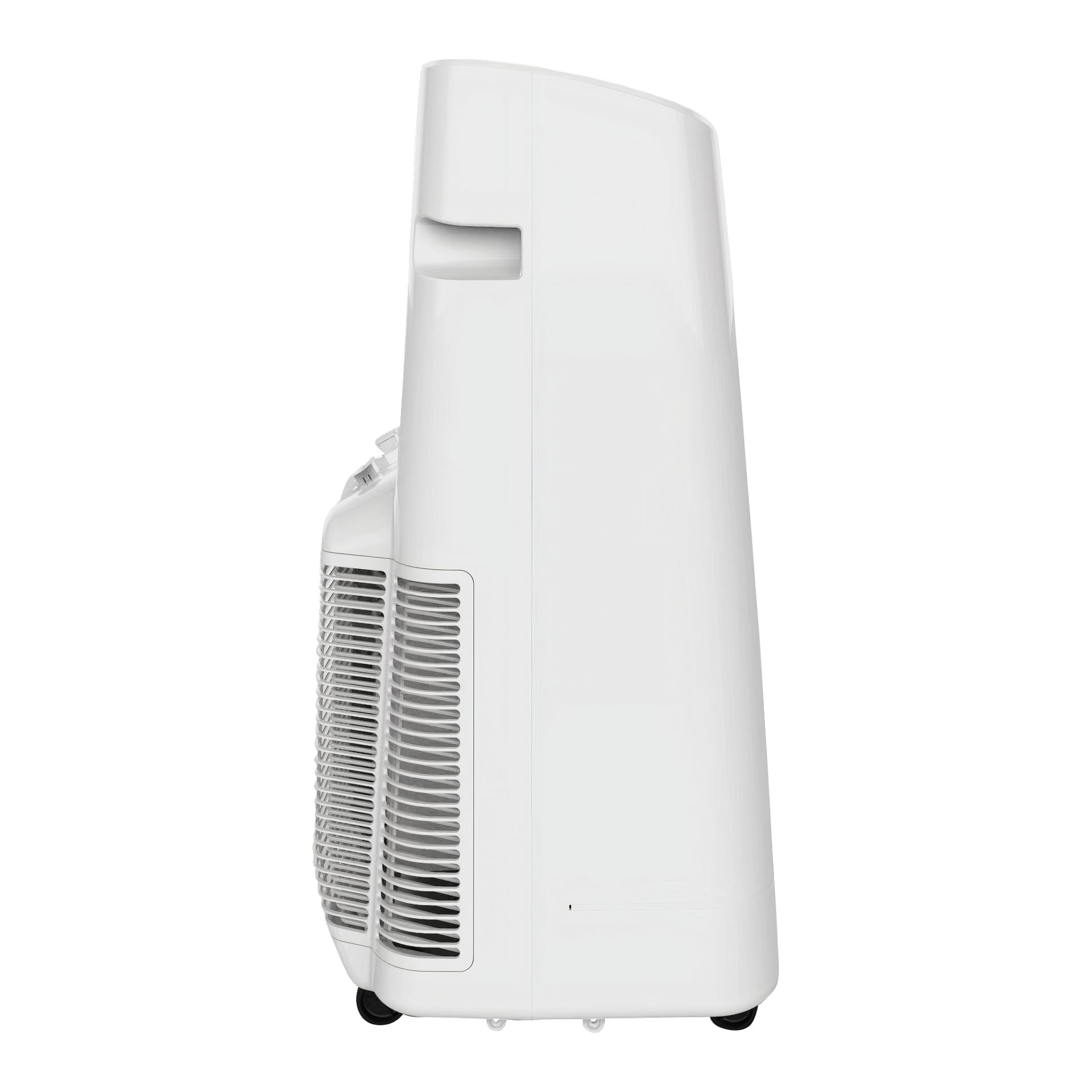 Anslut Air Conditioning Smart jest pokazany z boku, podkreślając jego wentylację, intuicyjny panel sterowania oraz łatwą w trzymaniu uchwyt zapewniający przenośność. Biała jednostka posiada także małe kółka na dole, co ułatwia ich przesuwanie.