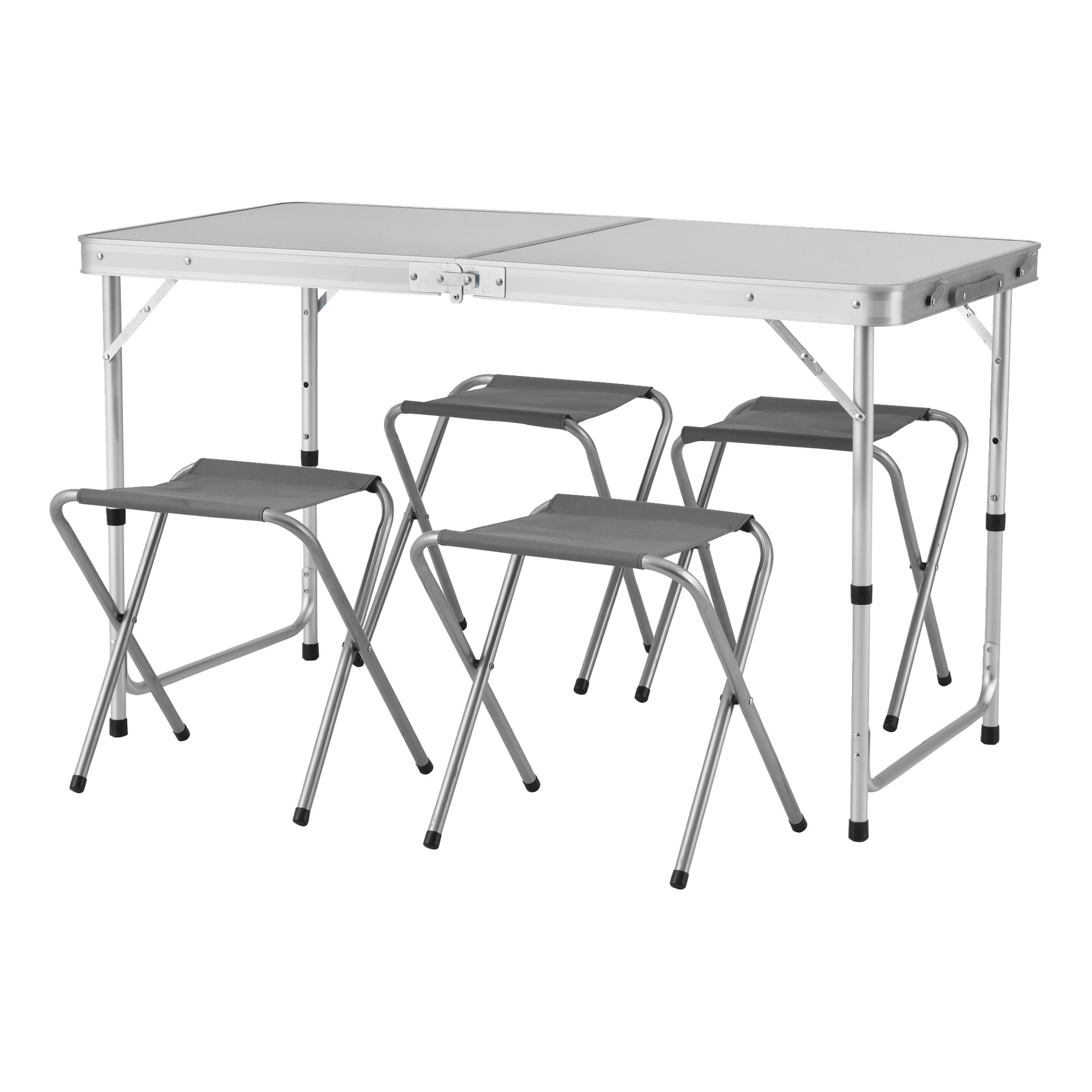 Der Kayoba Faltbare Campingtisch mit Hockern ist ein fünfteiliges Set, das einen rechteckigen Tisch mit grauer Oberfläche und silbernen Metallrahmen sowie vier graue Klapphocker umfasst.