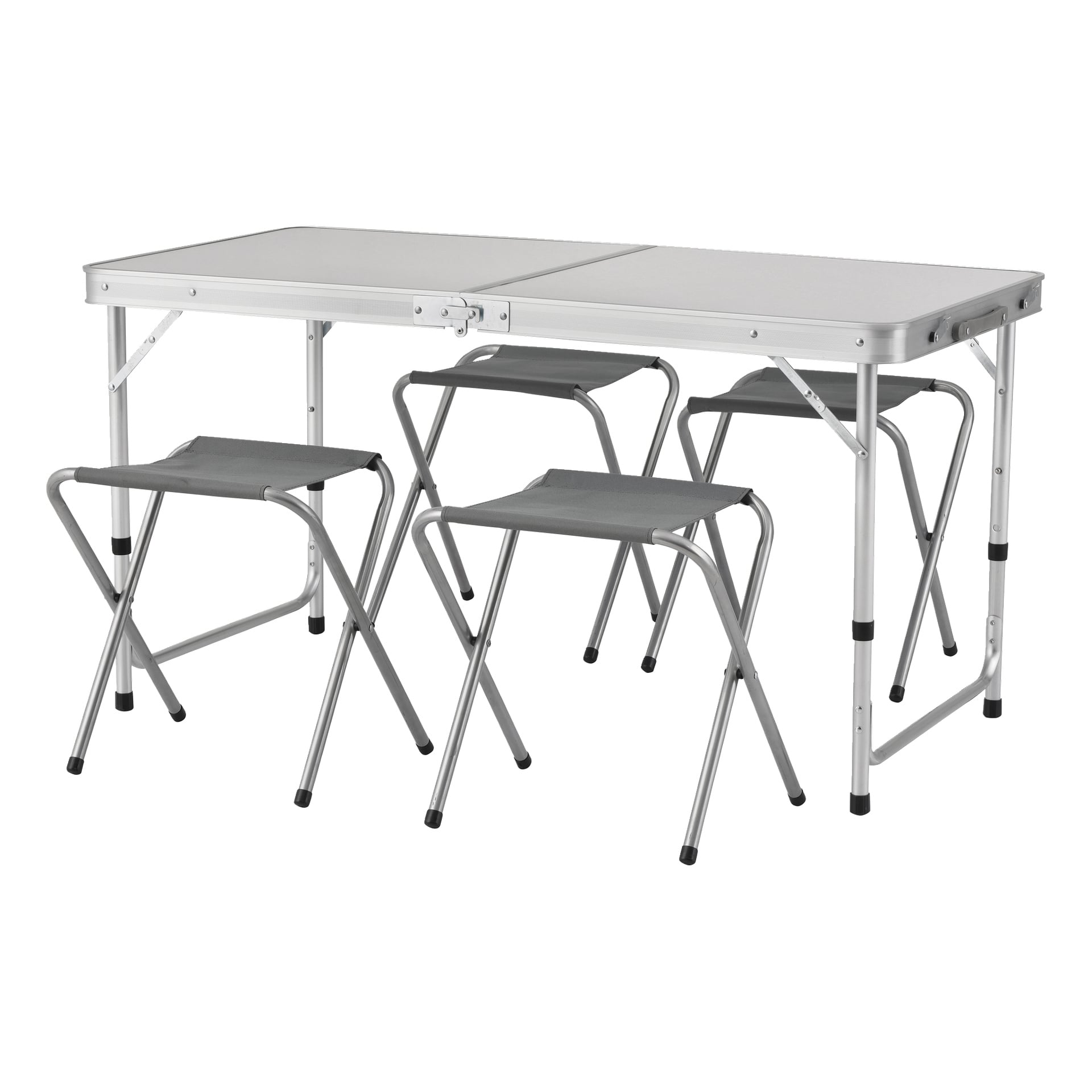 Ein fünfteiliges Kayoba-Klapp-Campingset, darunter ein rechteckiger Tisch mit silbernem Metallrahmen und vier klappbare Hocker mit grauen Stoffsitzen.