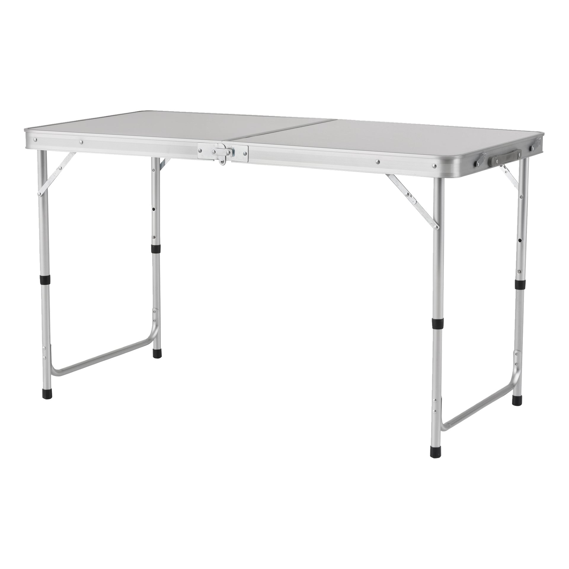Ein Kayoba klappbarer Campingtisch mit vier passenden Hockern wird vollständig zusammengebaut ausgestellt. Das Set verfügt über eine rechteckige, hellgraue Tischplatte und robuste silberne Metallbeine mit sichtbarem zentralem Scharnier und Verriegelungssystem für Stabilität.