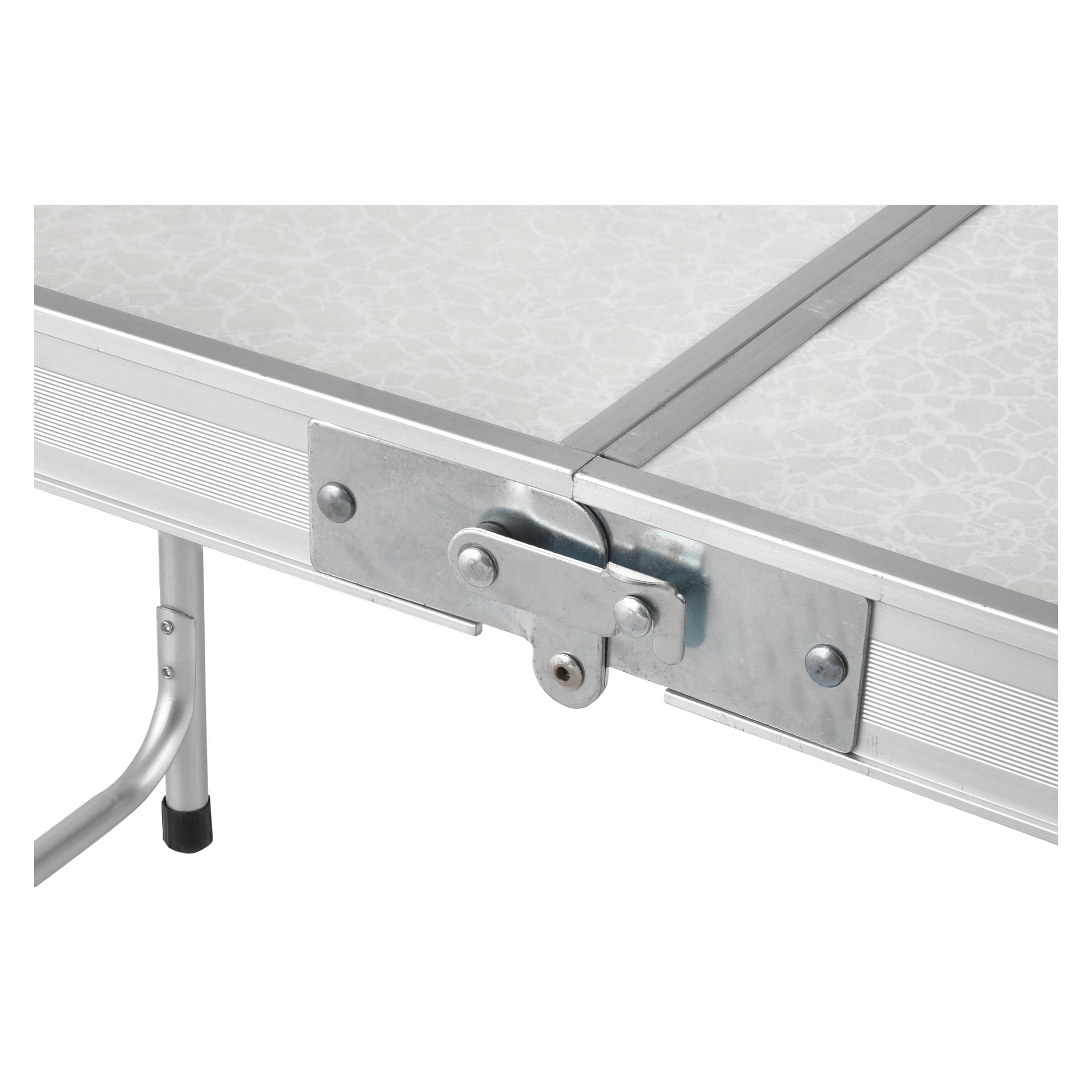Detaillierte Ansicht eines Metallverschlusses, der das Klappgelenk am Kayoba Foldable Camping Table with Shocker (5-teiliges Set) versperrt. Der Rahmen ist silbern, und die Tischplatte hat eine strukturierte weiße Oberfläche. Ein Teil der Tischbeine befindet sich am linken Rand des Bildes.