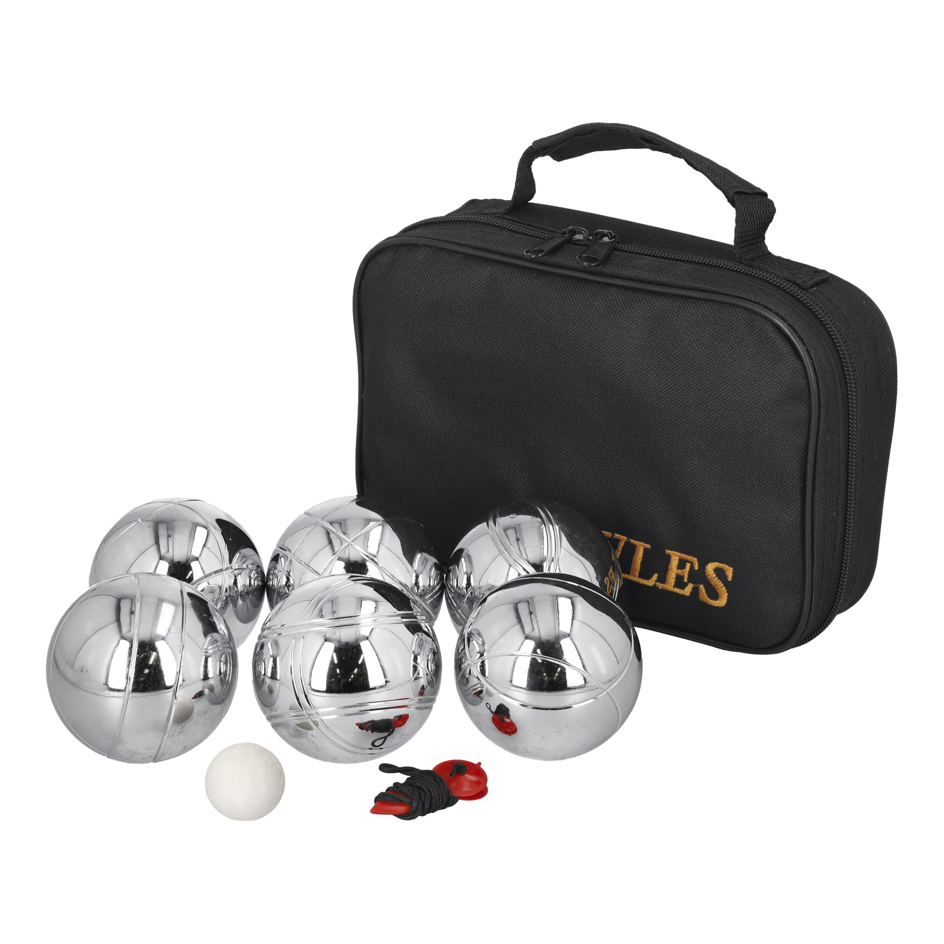 En svart bärväska som tillhör Kayoba Boule 9-delars set placeras bakom sex polerade metallkulor, en liten vit boll, ett rött mätverktyg och en bit svart snöre.
