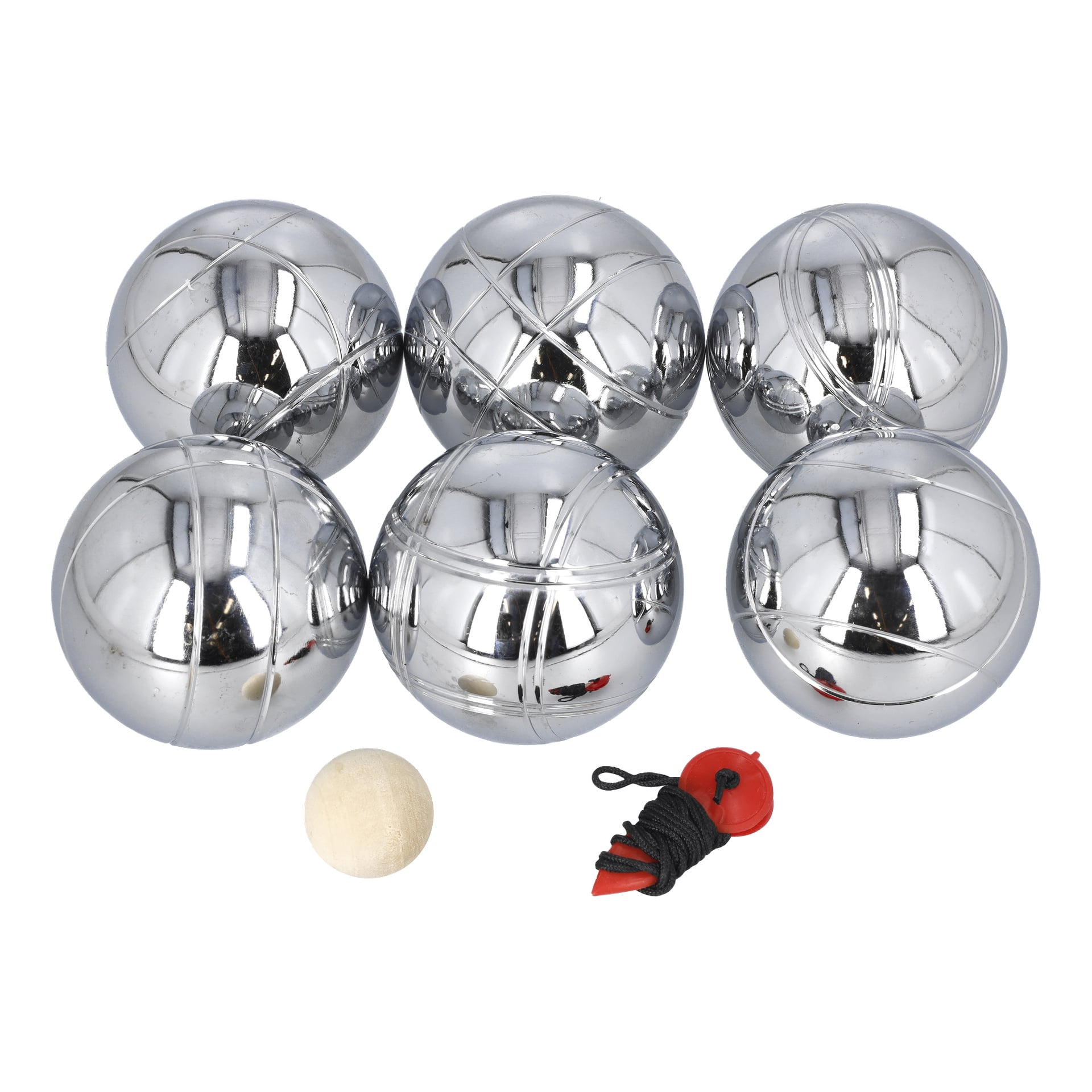Nio blanka metallpétanquebollar från Kayobas Boule 9-delars set placeras tillsammans med en liten träboll och ett rött mätverktyg med svart snöre.