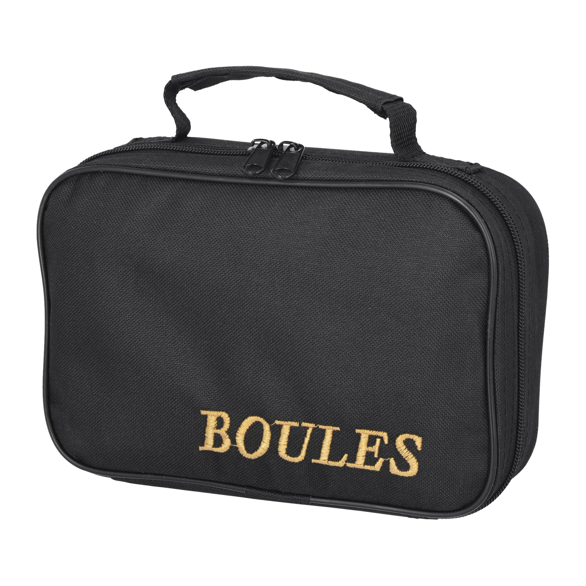 En svart bärväska med dragkedja och handtag på toppen, med "BOULES" broderade i gult på framsidan, tillverkad för Kayoba Boule 9-delars set.