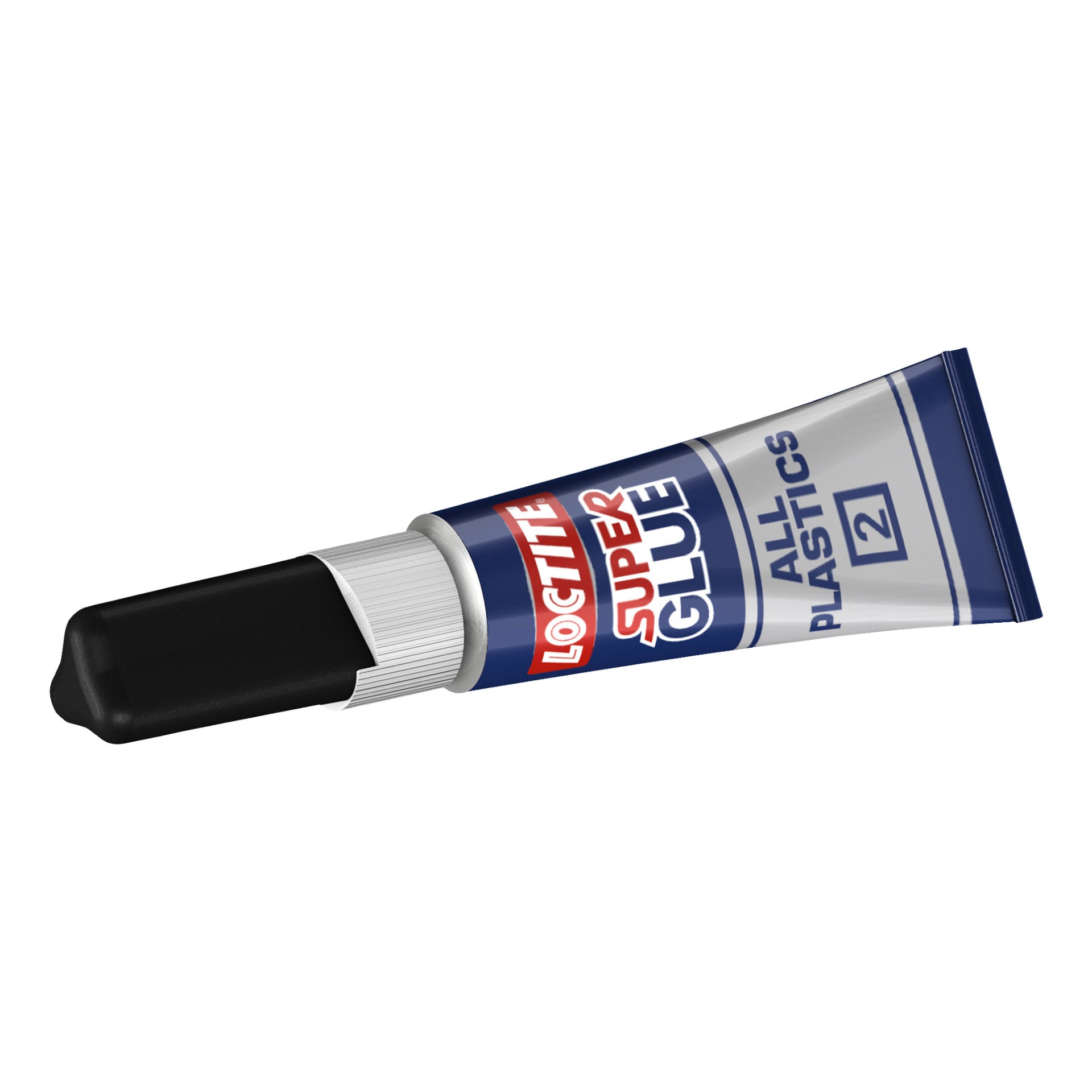 Pieni Loctite Plastic Glue Super Glue All Plastics -putki on varustettu sinisellä ja hopeisella kuviolla mustalla korkilla.