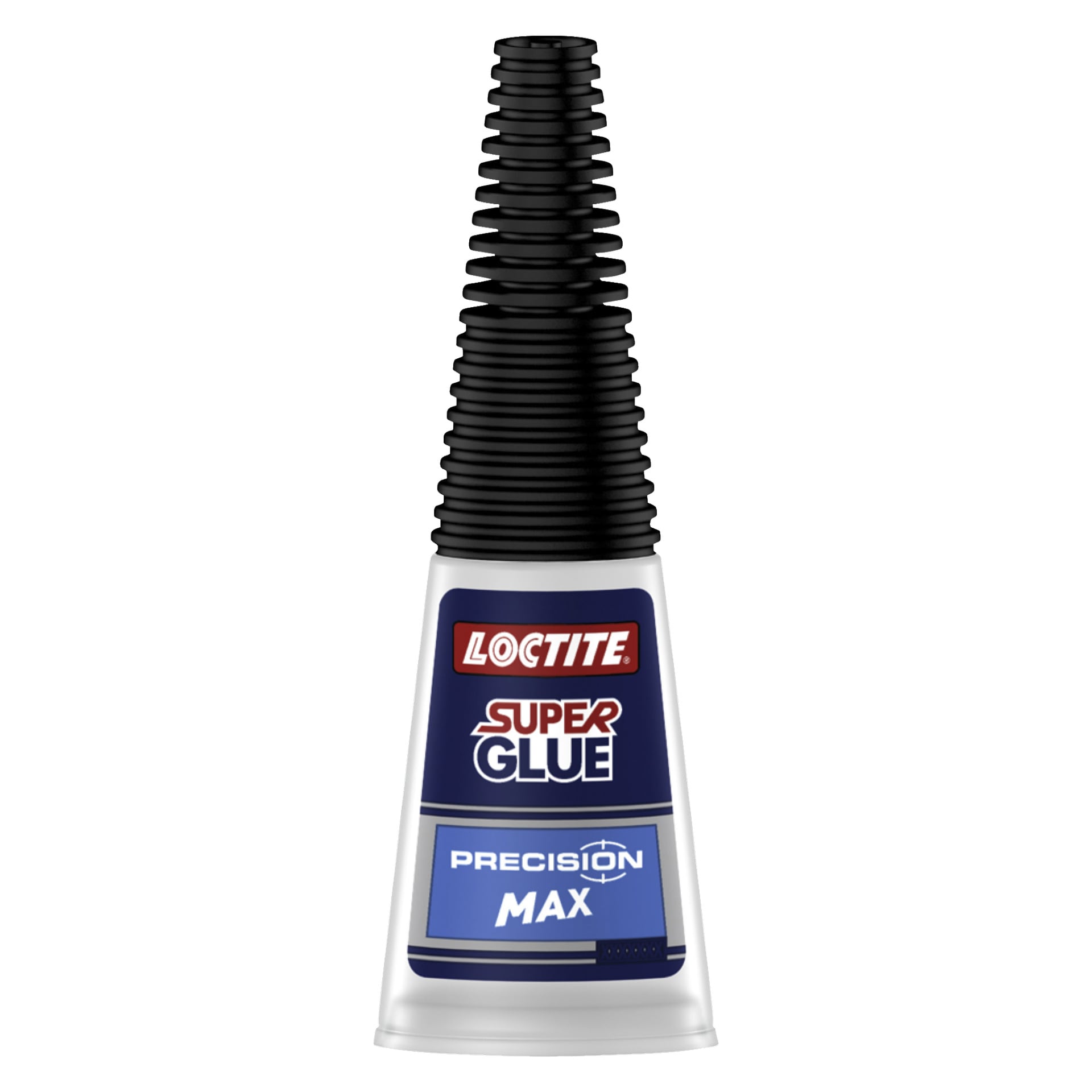 En Loctite Super Glue Precision Max-flaska med blå etikett och ett förlängt svart munstycke designad för exakt applicering.