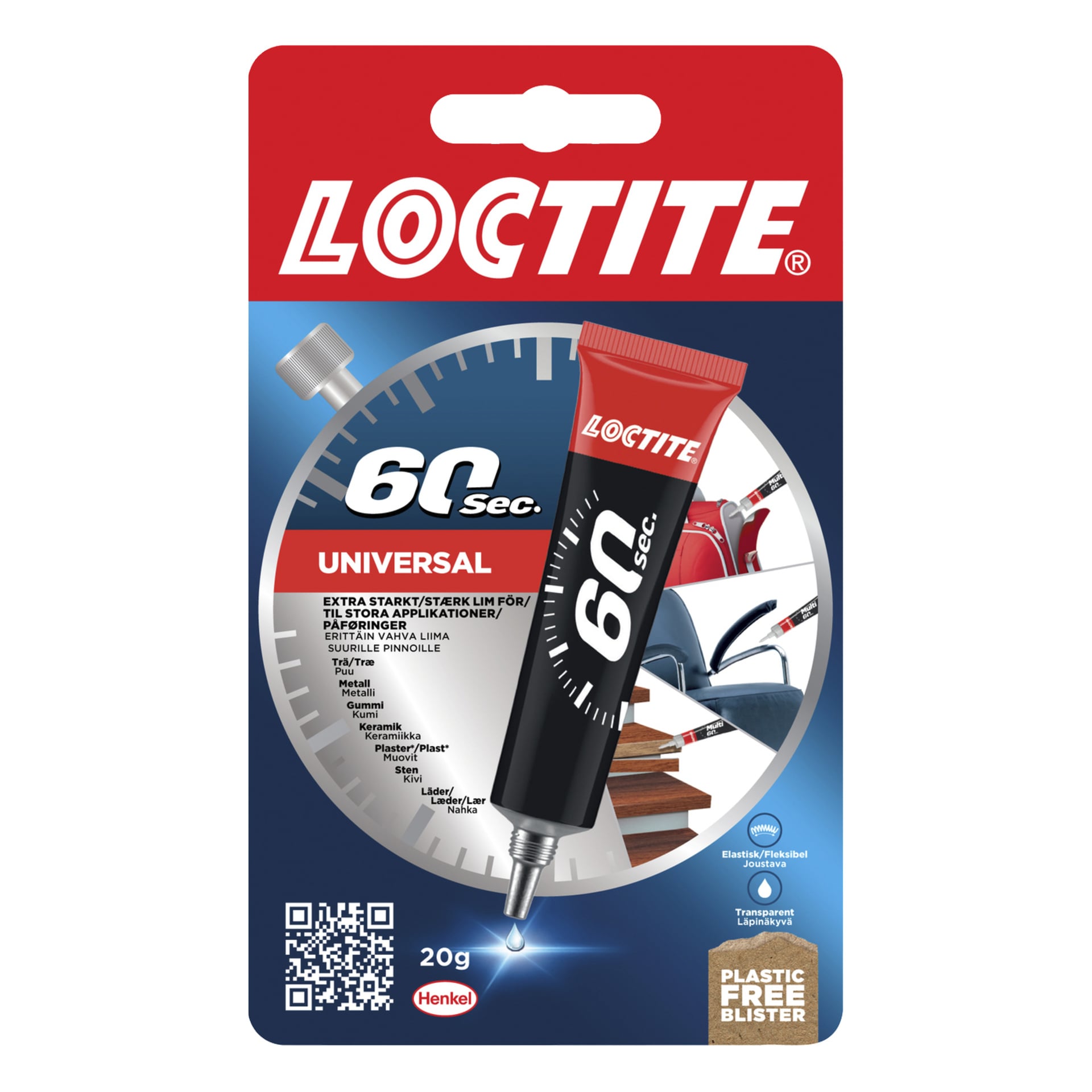 Loctite 60-Second Universal limrör på blå och silverfärgad bakgrund, med urskiva-motiv. Texten anger att den är extra stark och listar material som trä, metall och plast. Den är 20g och har en plastfri blåsa.