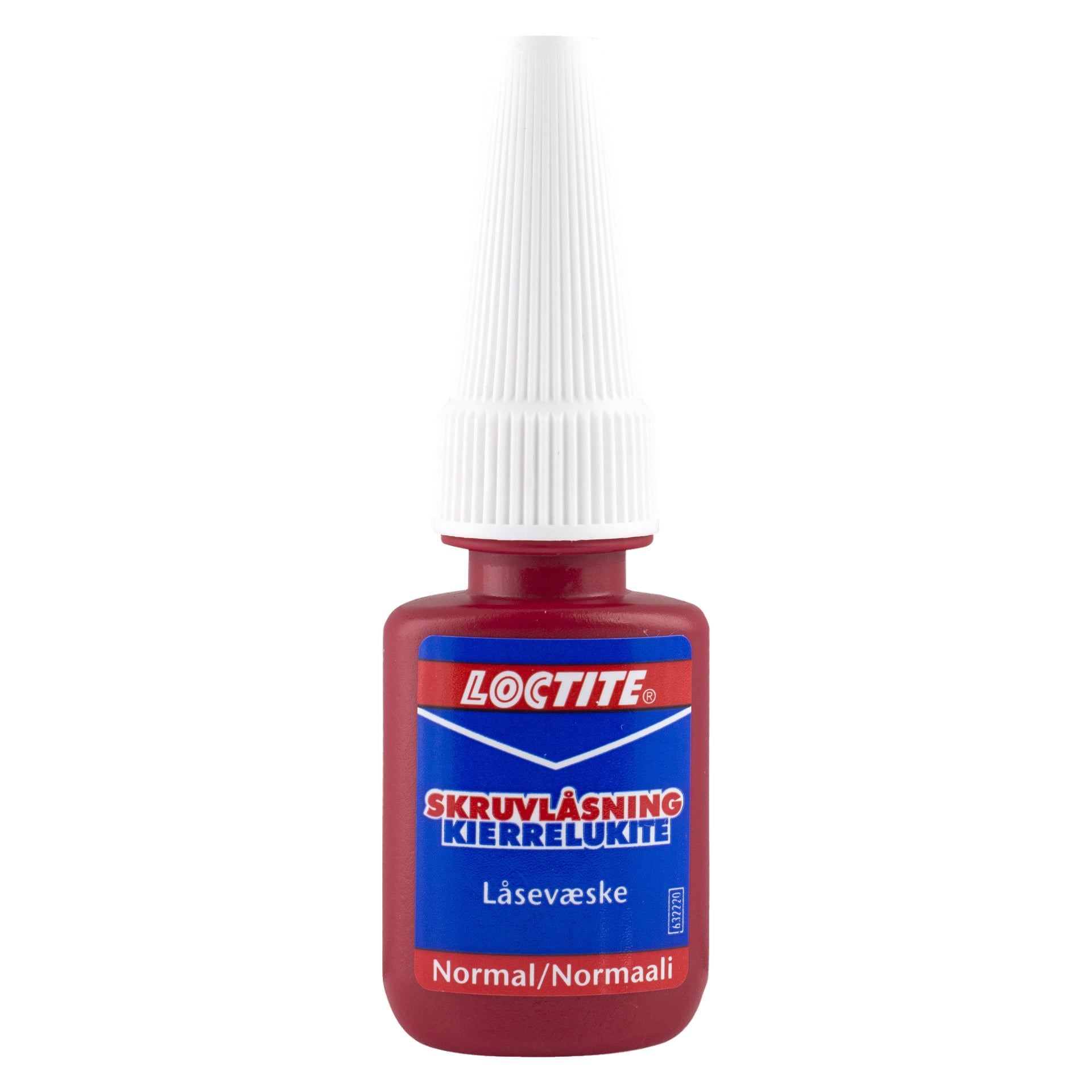 En rød flaske Loctite Screw Glue Medium med hvit kork, med etiketter på ulike språk og ordene "Normal/Normaali" nederst.