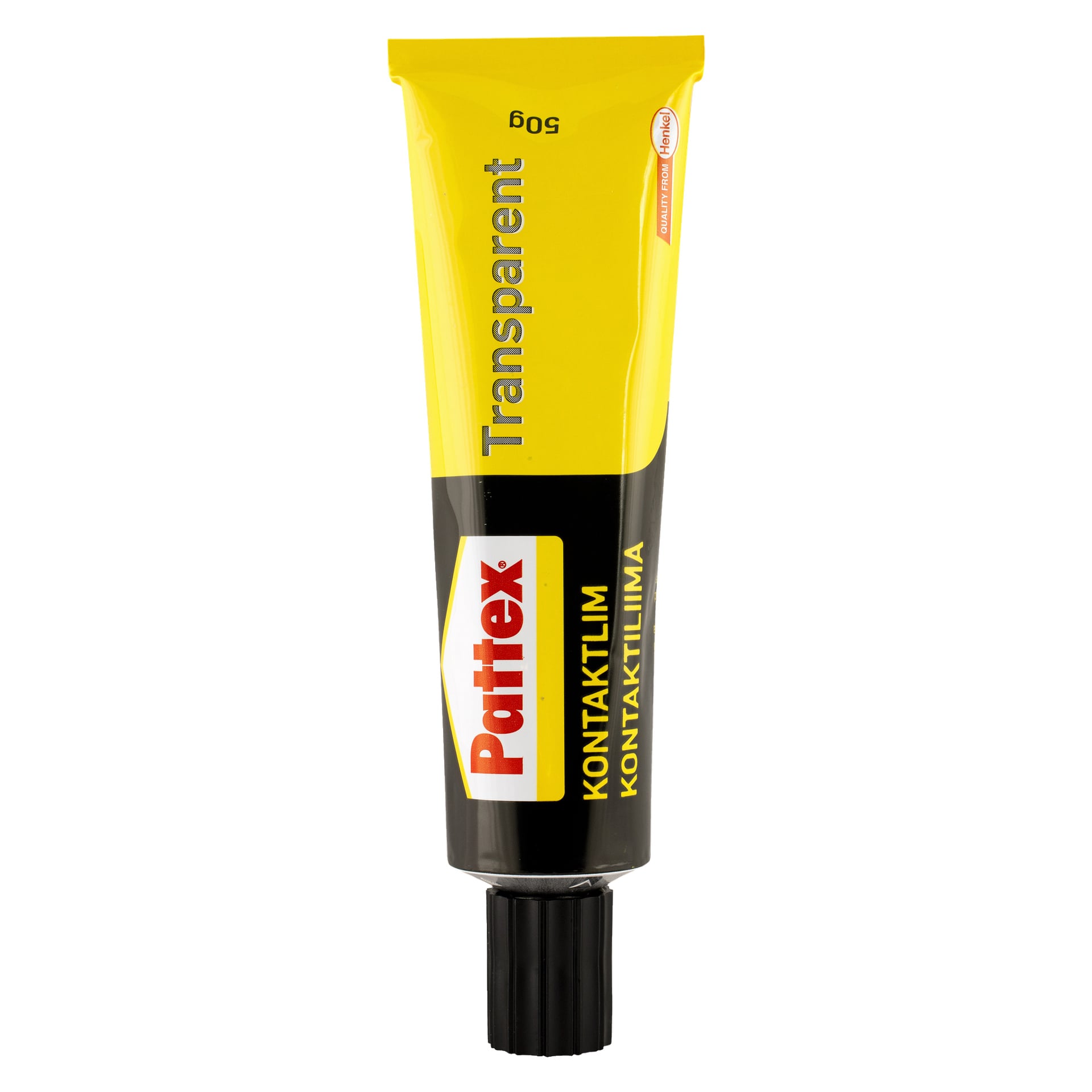 Ett rör Pattex Contact lim transparent med svart lock, med gul och svart förpackning som visar Pattex varumärke och produktinformation.