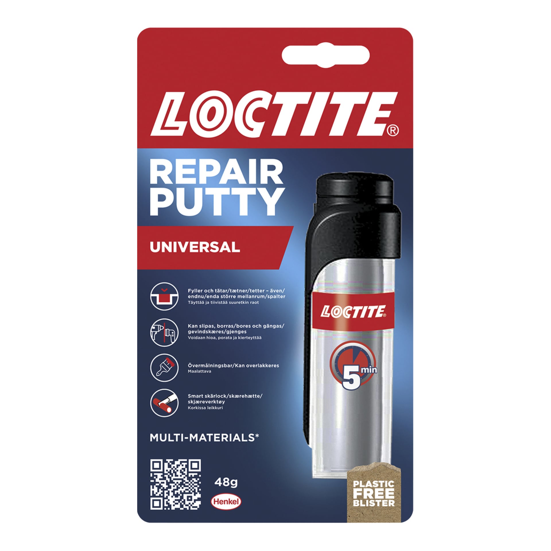 Loctite-korjauskitti, Universal, 48g. Ominaisuuksiin kuuluvat täyttö, tiivistäminen, hionta, poraus ja maalaus. Muoviton rakkulapakkaus.