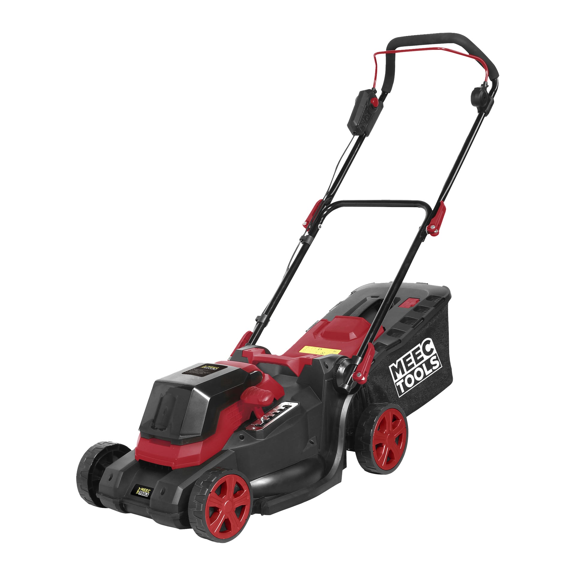 En röd och svart Meec Tools Multiseries LM-18V HOME 300 sladdlös gräsklippare med styre, fyra hjul och en bakre gräslåda med Meec Tools-loggan.
