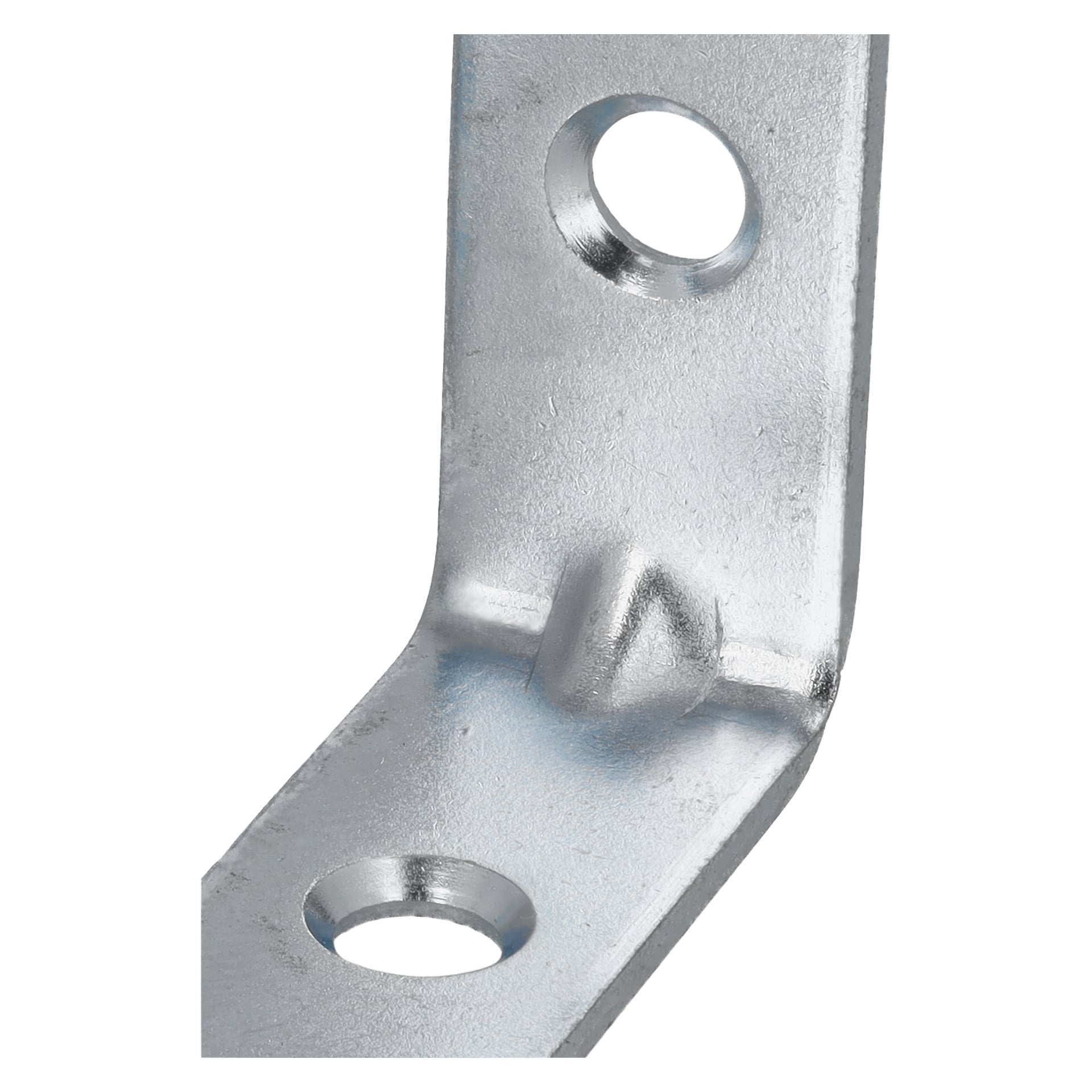 Detaljerad vy av ett Hard Head stålfäste i stål (2-pack) med 90-graders böj, med två runda hål och en liten triangulär stödräs i hörnet. Fästet är belagt med en blank silverfinish.