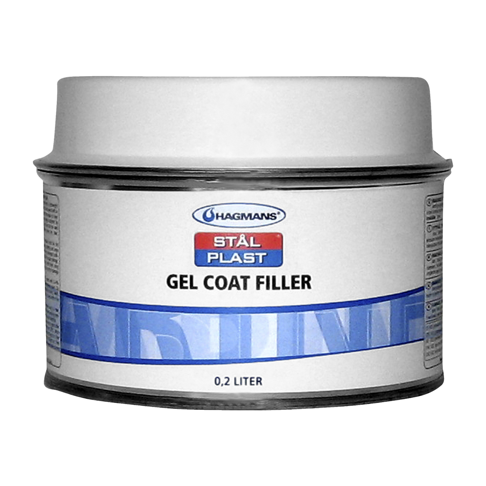 0,2-litrainen rasia Hagmans Steel Plastic Gel Coat Filleria, jossa on valkoinen korkki ja sinisen, punaisen ja valkoisen värityksen etiketti, tarkoitettu pintojen korjaukseen ja kunnostukseen.