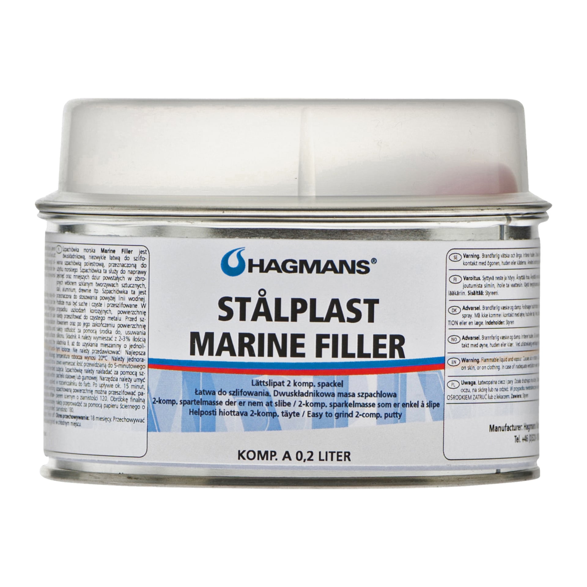 En metallburk märkt Hagmans Steel Plastic Marine Filler visar blå och svart text, Hagmans logotyp och produktdetaljer. Behållaren är toppad med en vit plastlock och har en kapacitet på 0,2 liter.