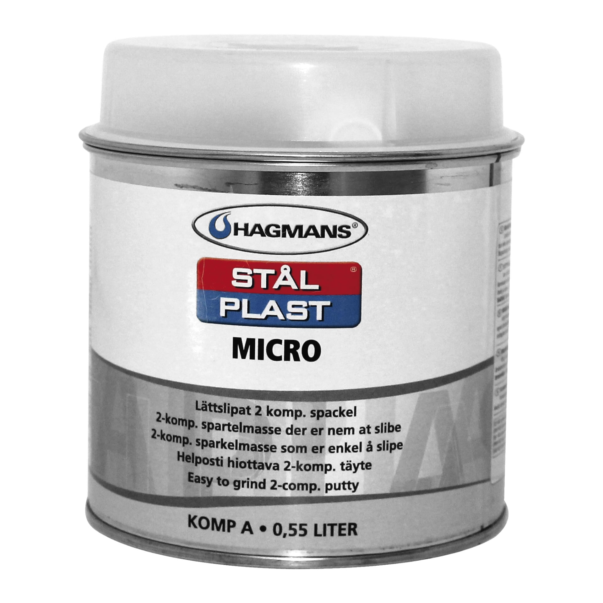 En 0,55-liters burk Hagmans Steel Plastic Micro lättmalbar 2-komponents kitt, med en detaljerad produktetikett och ett vitt plastlock.