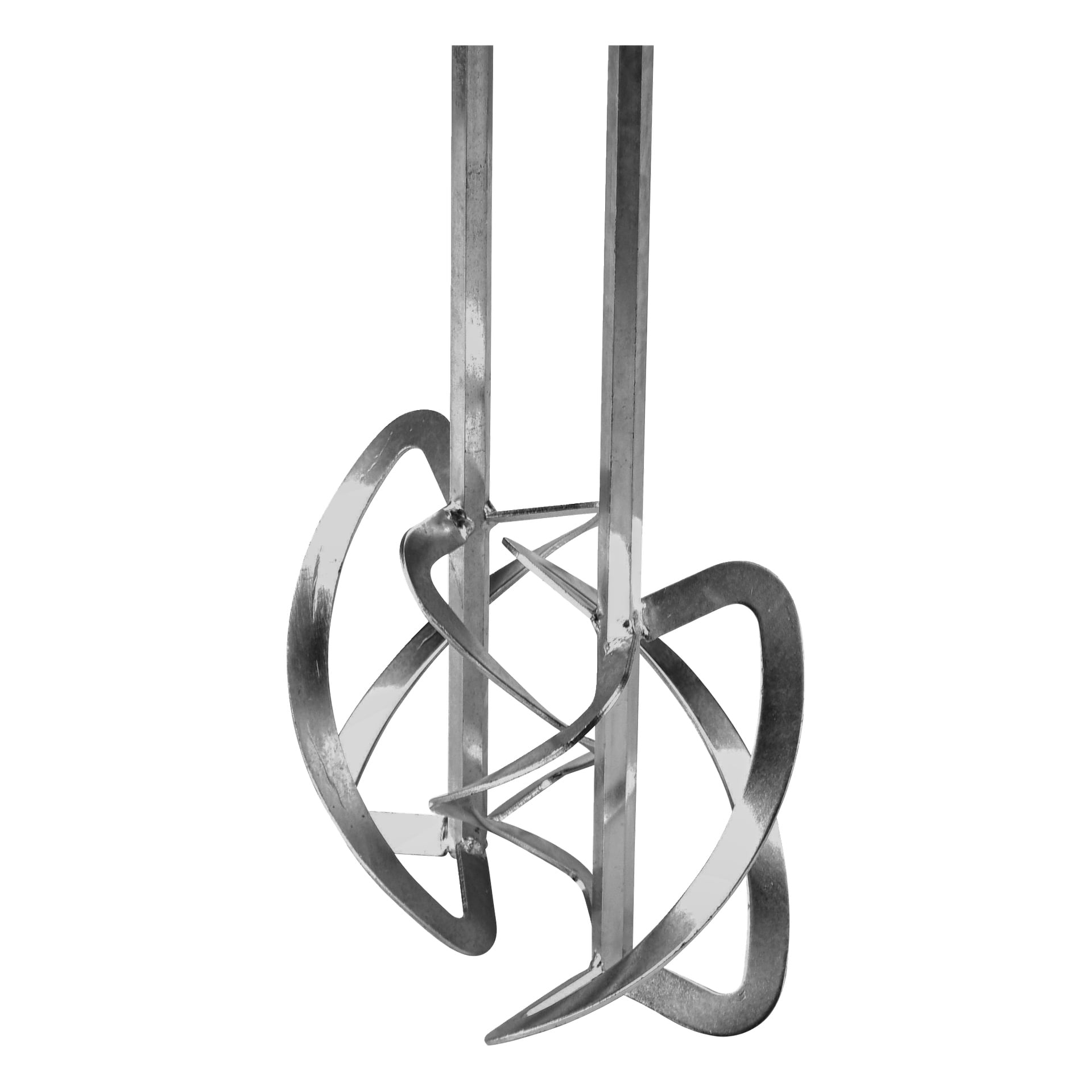 Närbild på Meec Tools färg-/cementblandartillbehör, som visar dess två sammanlänkade spiralblad avsedda att användas med en borrmaskin.
