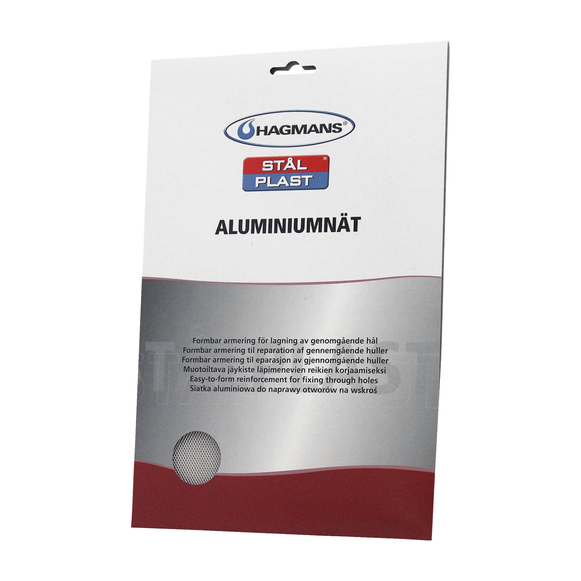 Ett paket med Hagmans aluminiumnät, marknadsfört som lättformad förstärkning för hålreparation. Förpackningen har olika produktdetaljer, och en liten bit av nätet kan ses nere i vänstra hörnet.