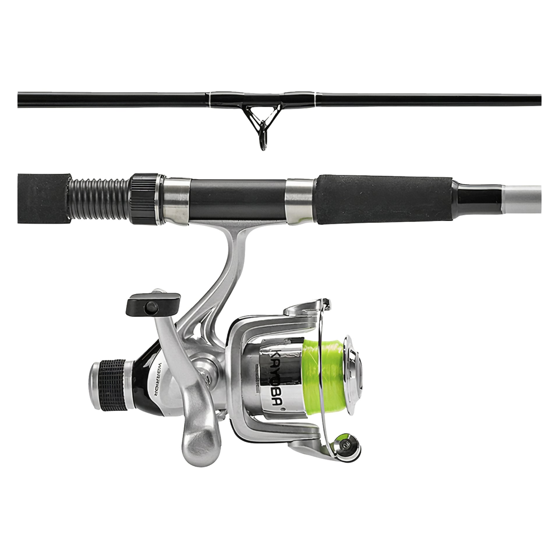 En detaljerad vy av Kayoba Fishing Reel-setet visar ett spö med svart handtag, en silverfärgad hjulsitet och en ljus neongrön fiskelina på spinnrullen. Bilden visar spöet både individuellt och kopplat till rullen.