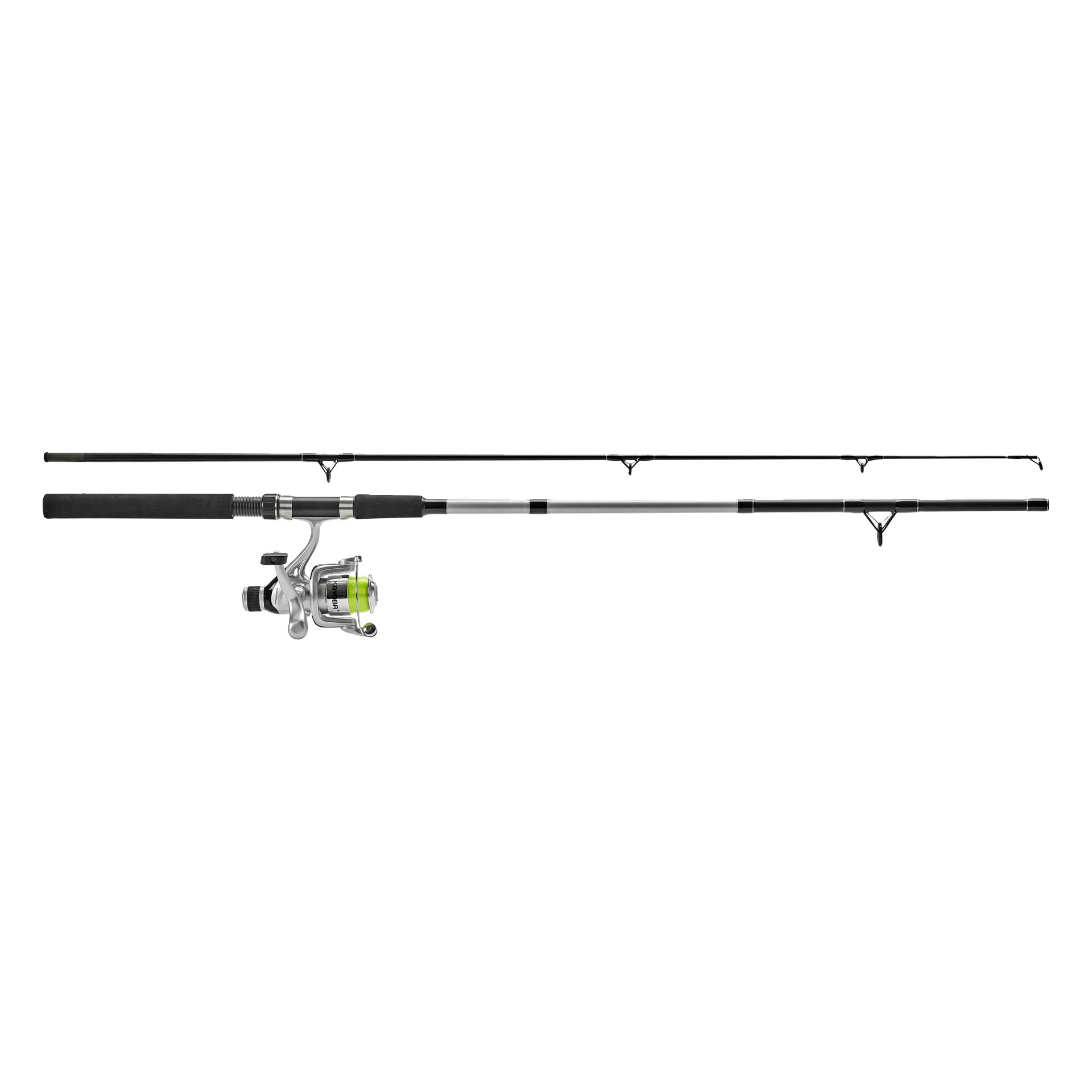 Kayoba Fishing Reel Set inkluderar ett tvådelat spö med svart handtag och en fäst metallspinnrulle. Den nedre delen har neongrönt fiskelina lindad på rullen, och båda sektionerna visar flera linguider. Den övre delen är utan rull.
