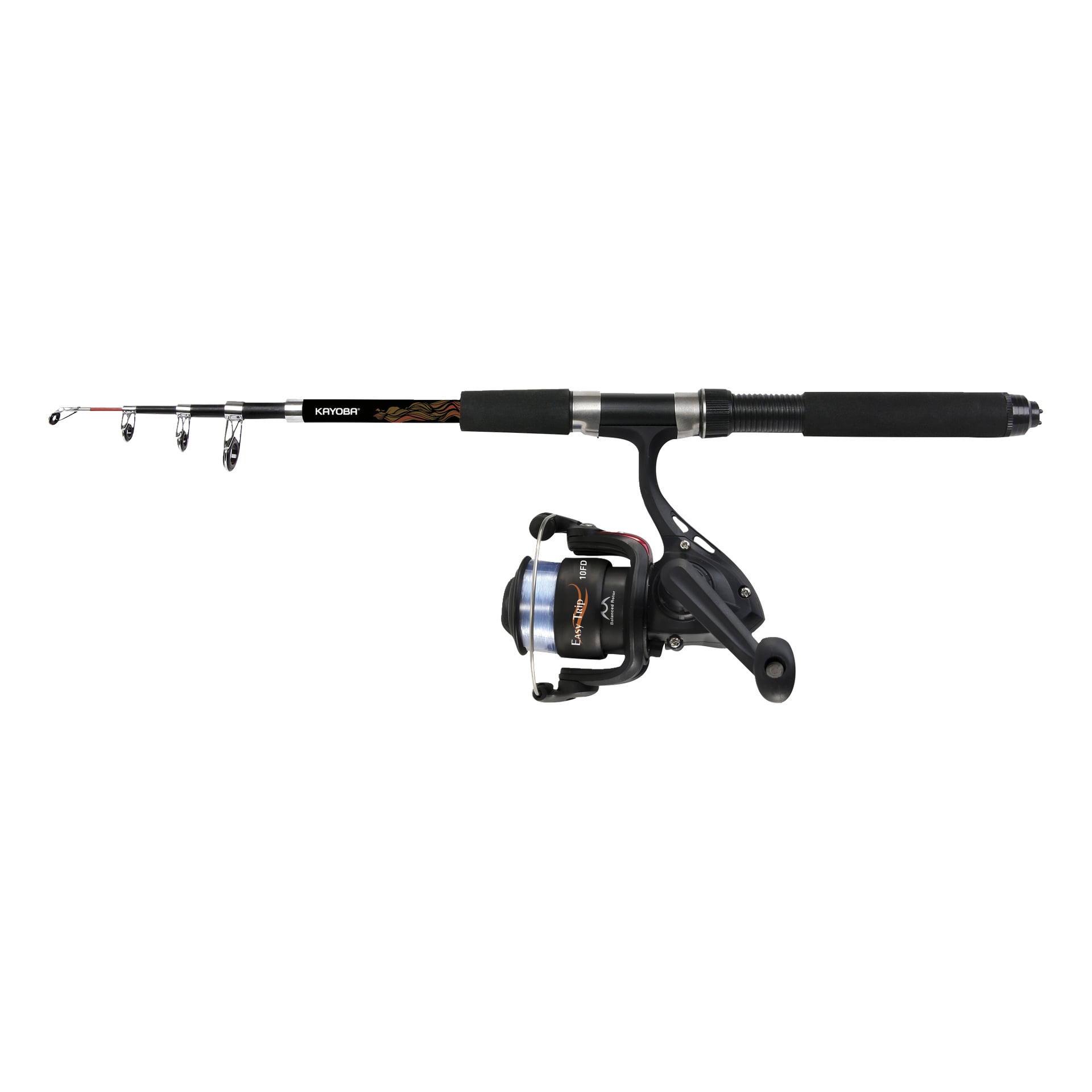Kayoba Spinning Rod-setet inkluderar ett teleskopiskt spö med ett slankt svart handtag, flera linor längs dess längd och en silver- och svart spinnrulle fäst under spöet. Rullen har orange textdetaljer och en rulle med blå ton.