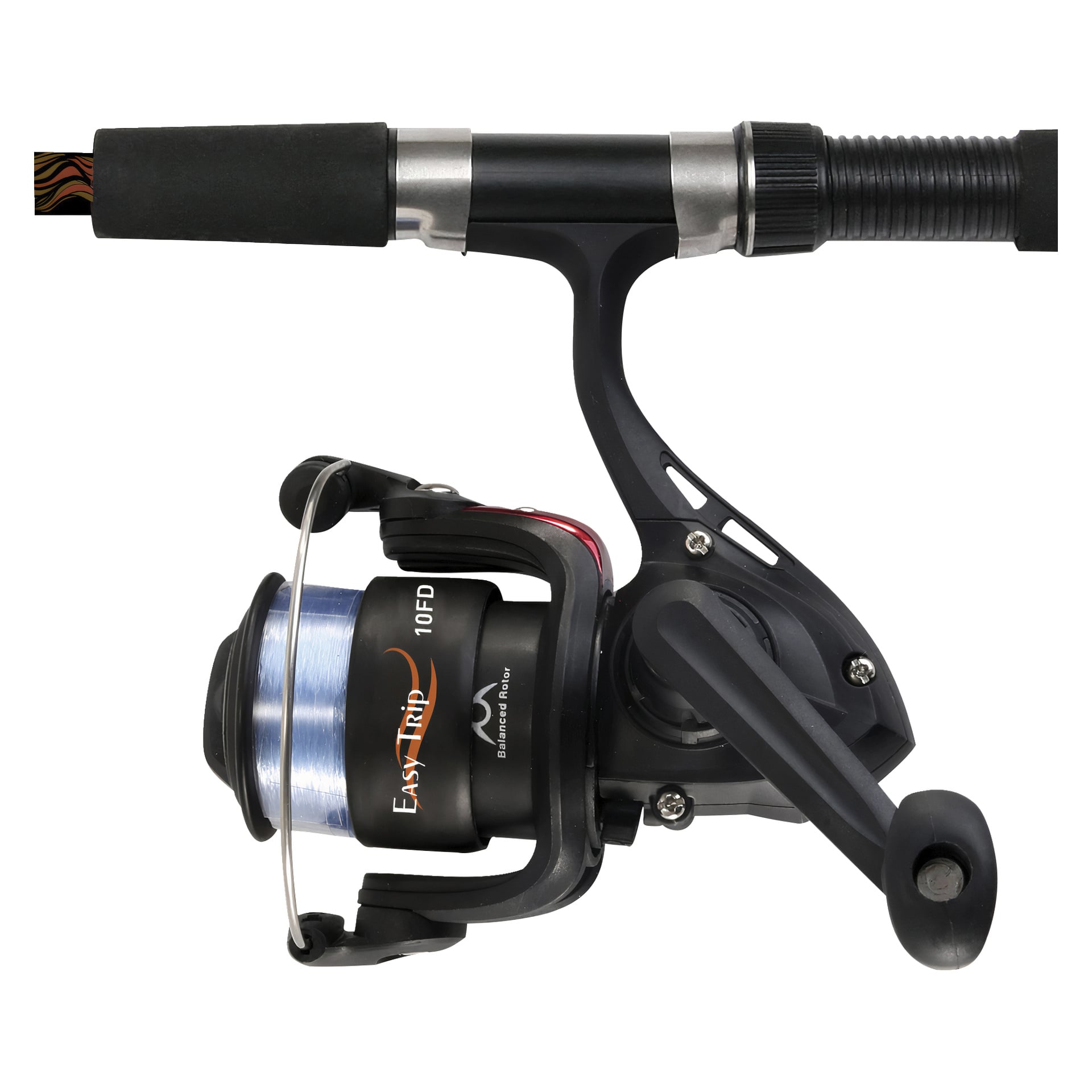 En närbild visar ett svart Kayoba Spinning Spinning Locking Set fäst vid ett fiskespö. Rullen visar Easy Trip 10FD och är lindad med genomskinlig fiskelina. Både handtaget och spolen är tydligt synliga.