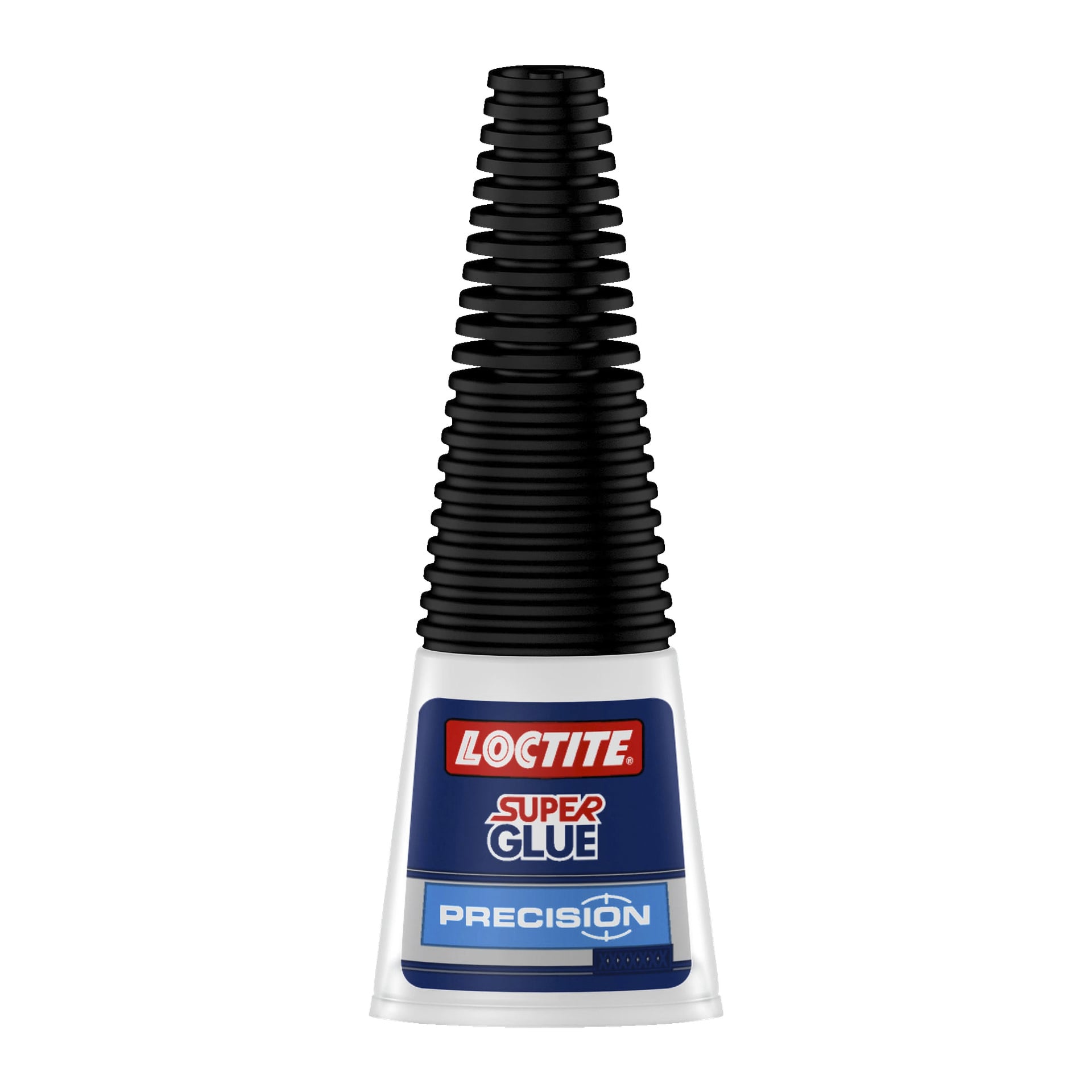 Loctite Superglue Precision -pullo, jossa on musta kansi ja sinivalkoinen etiketti, jossa näkyy tuotemerkki ja tuotenimi.