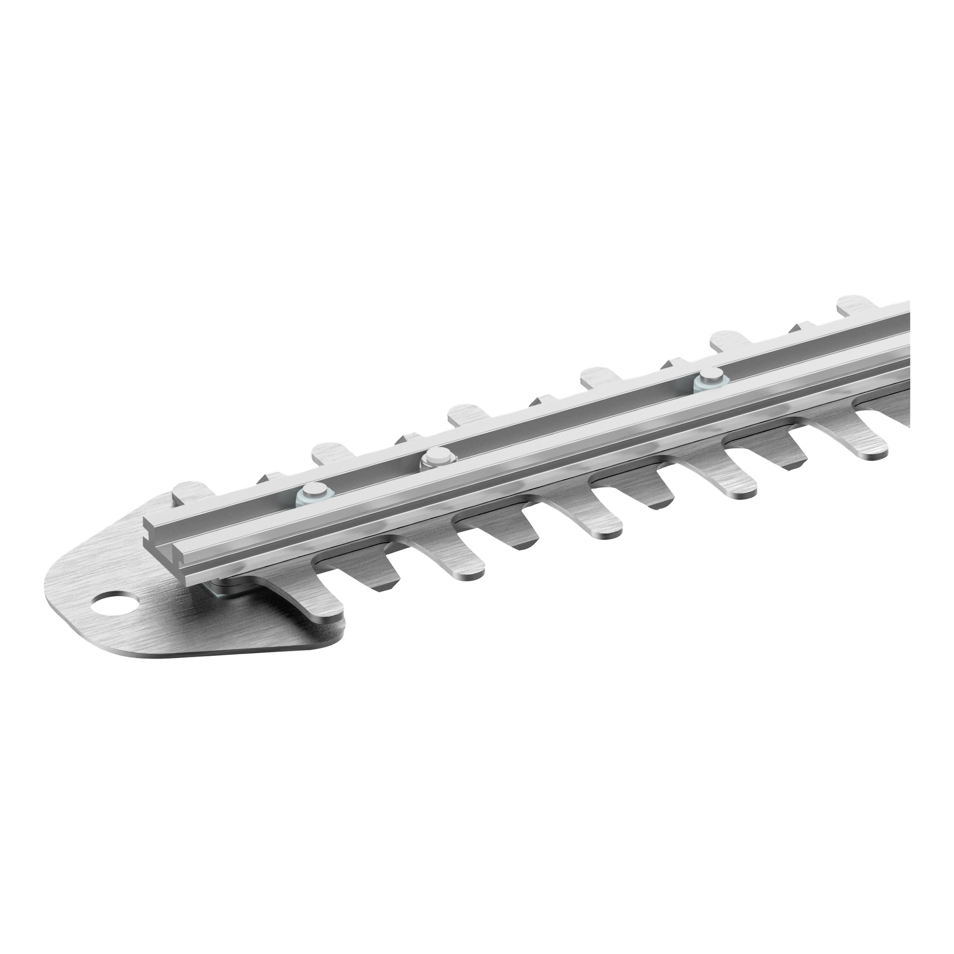 En detaljerad närbild av en metalldel från Meec Tools Multiseries 40 V batterihäcksax, som visar en platt bas med jämnt fördelade urtag, två bultar som fäster en central styrstake ovanför, och ett monteringshål integrerat i basen.