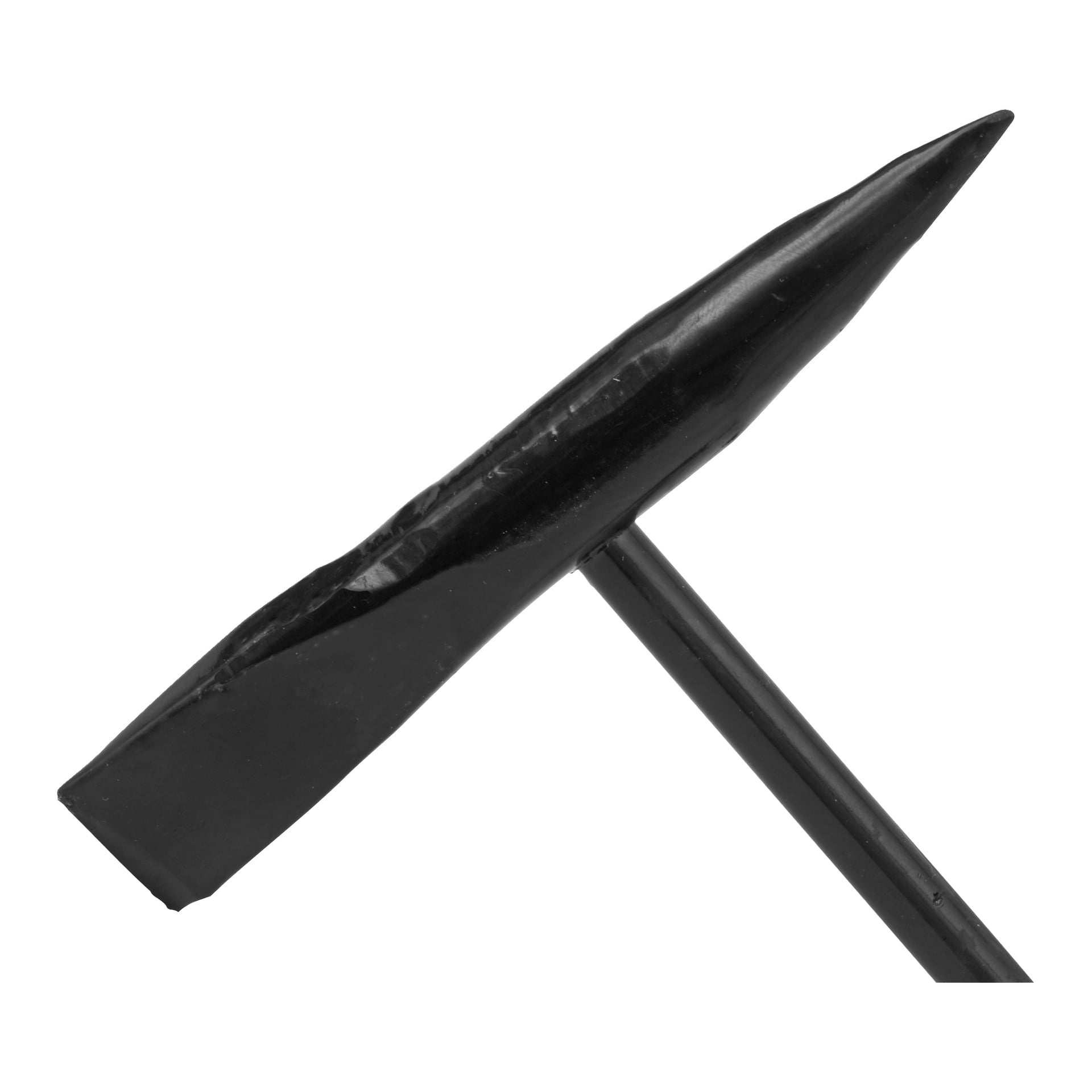 En detaljerad vy av Meec Tools Chipping Hammer visar dess svarta metallhuvud med ena änden formad som en platt mejsel och den andra som en vass spets. Det stadiga huvudet är fast fäst vid ett rakt handtag, vilket gör det lämpligt för metallarbete eller skulptering.