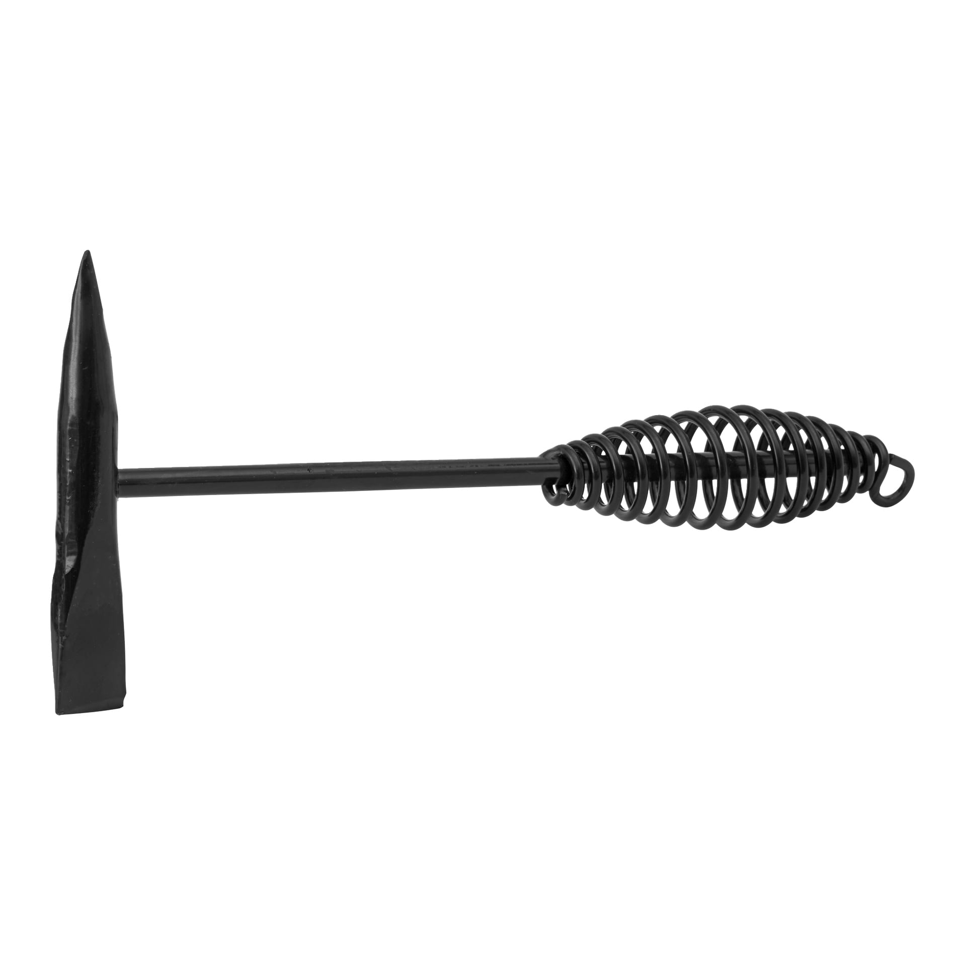 Meec Tools Chipping Hammer har en svart yttre, ett platt blad på ena sidan, en spetsig spets i motsatt ände och ett handtag av spiralfjäder. Den är avsedd för att rensa slagg från svetsytor.