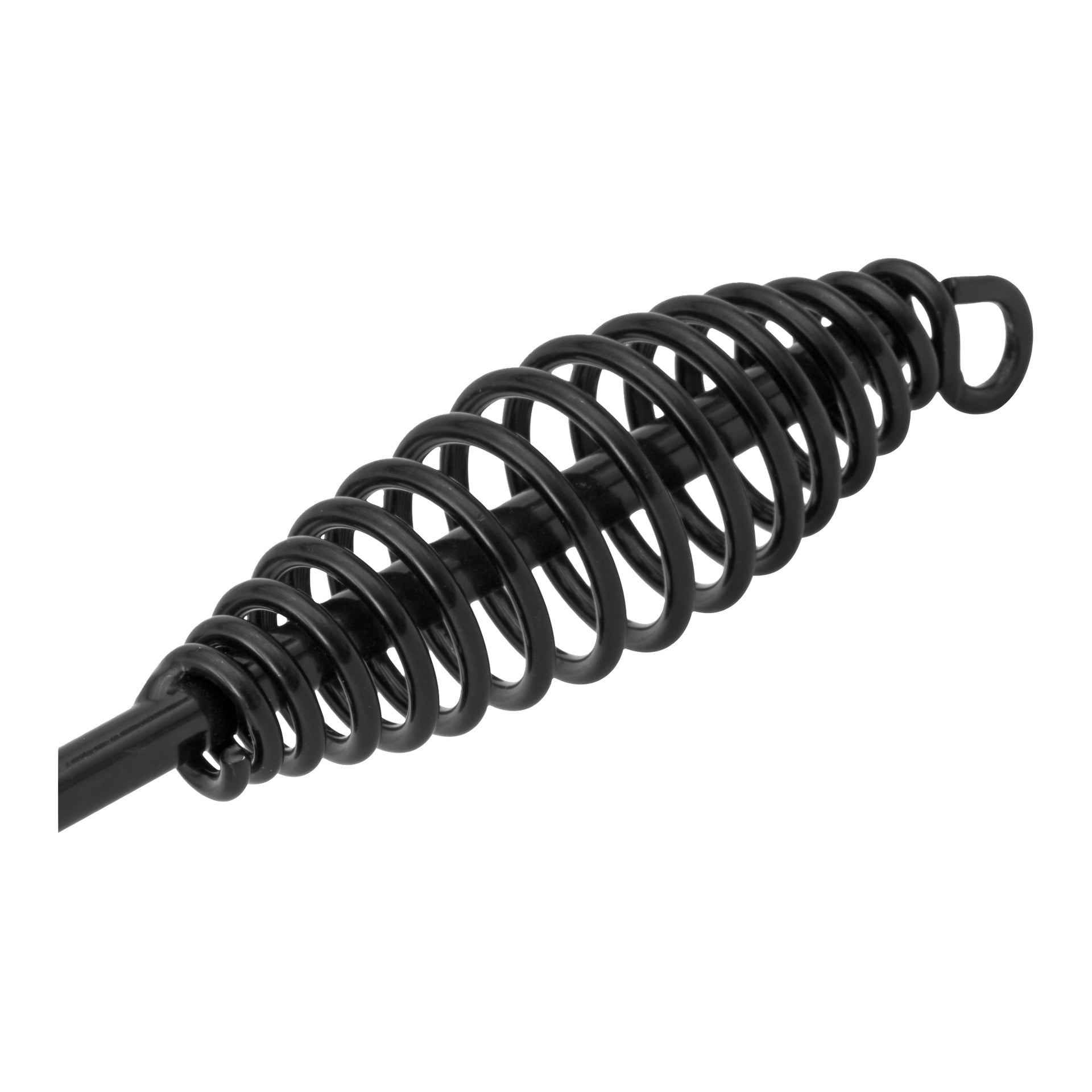 Närbild av en svart metallspiralfjäder från en Meec Tools flishammare, placerad horisontellt med ena änden som bildar en ögla och den andra trådad med en stång.