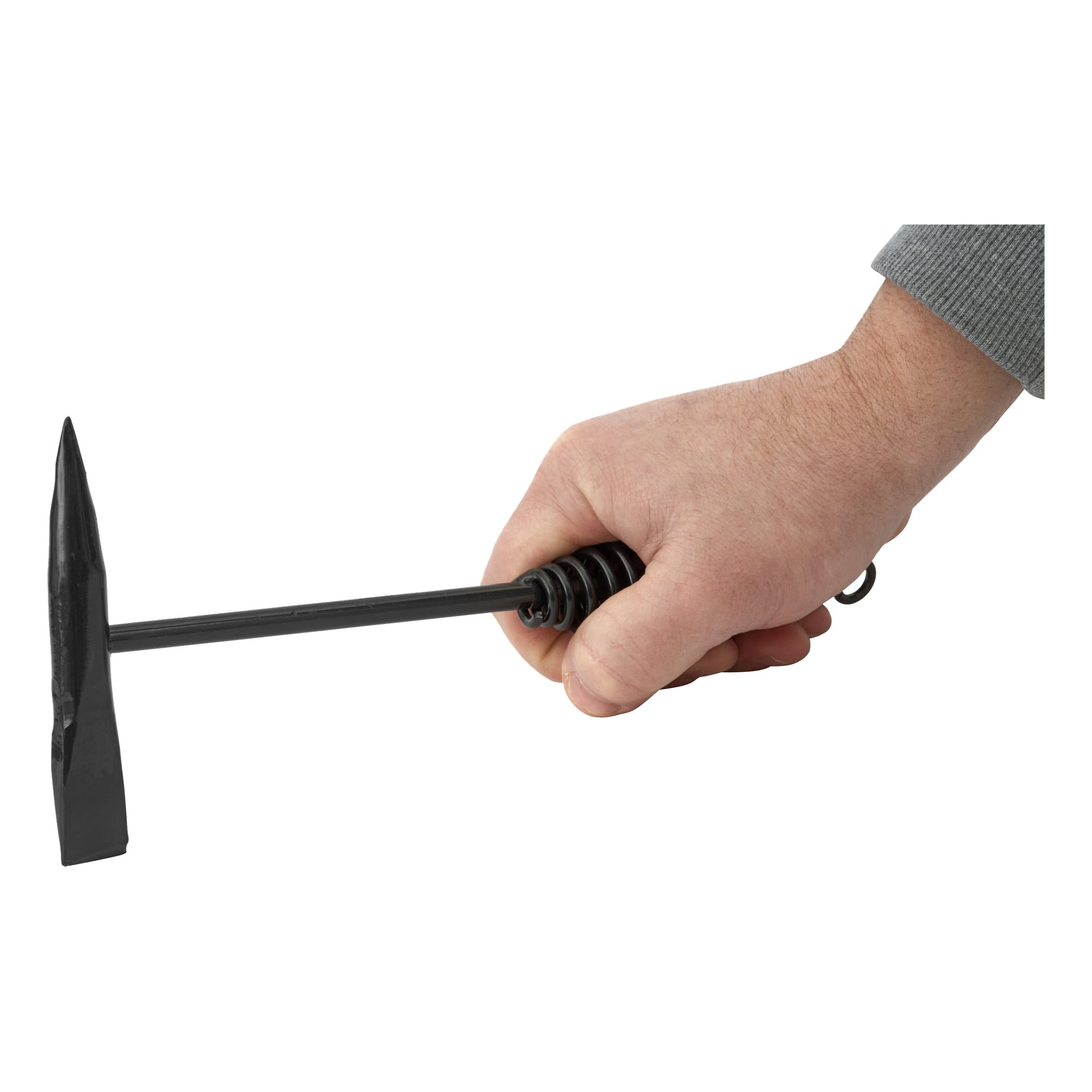 En hand håller en Meec Tools Chipping-hammare som har ett spiralformat handtag, spetsig spets och platt ände.