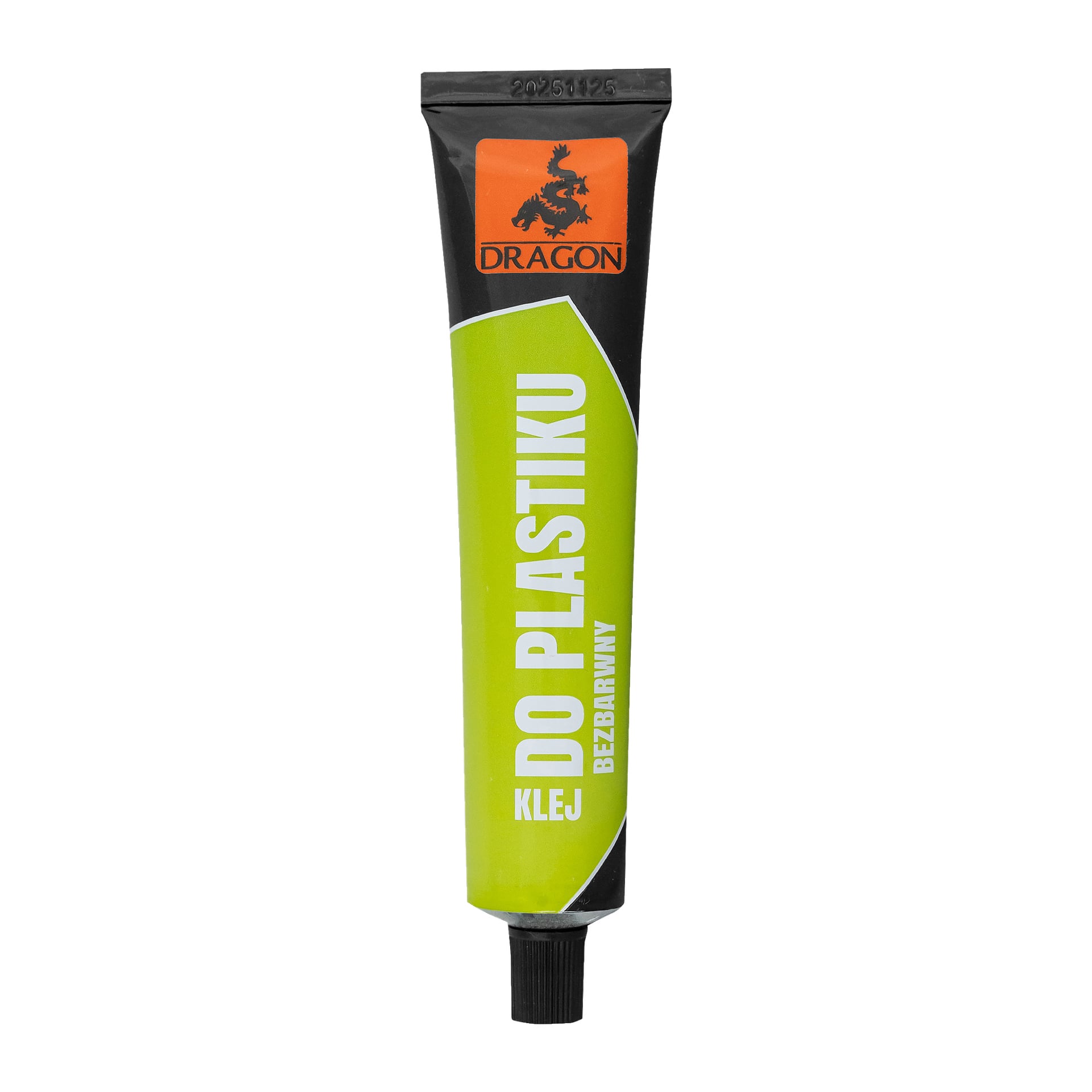 Tubka kleju Dragon Plastic z zielono-białym wzorem, czarną nakrętką i pomarańczowym logo smoka. Na opakowaniu widnieje etykieta "Klej do plastiku" oraz słowo "bezbarwny", co oznacza, że klej jest bezbarwny.