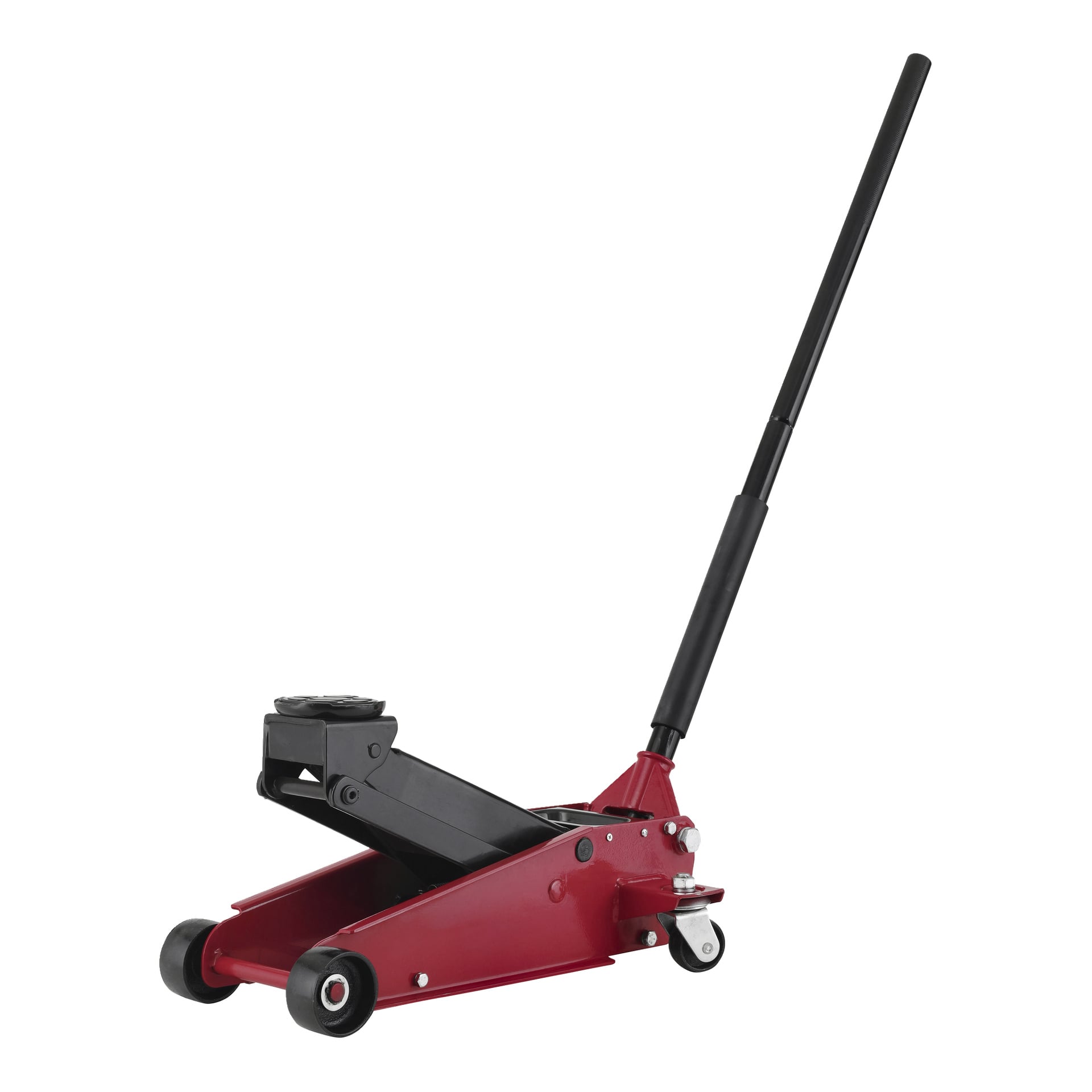 En röd Meec Tools-domkraft utrustad med dubbla kolvar, ett långt svart handtag, två stora hjul fram och två mindre hjul bak, designad för att lyfta vagnar vid reparation eller underhåll.