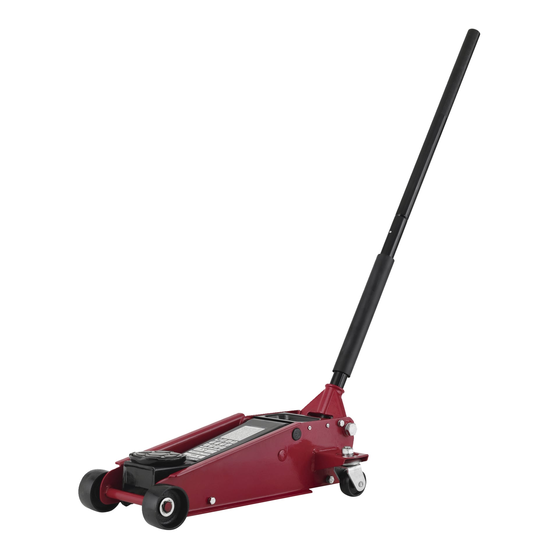 En röd hydraulisk Meec Tools golvdomkraft med dubbla kolvar, utrustad med ett långt svart handtag och fyra hjul, lämplig för att lyfta bilar för underhåll eller reparationer.
