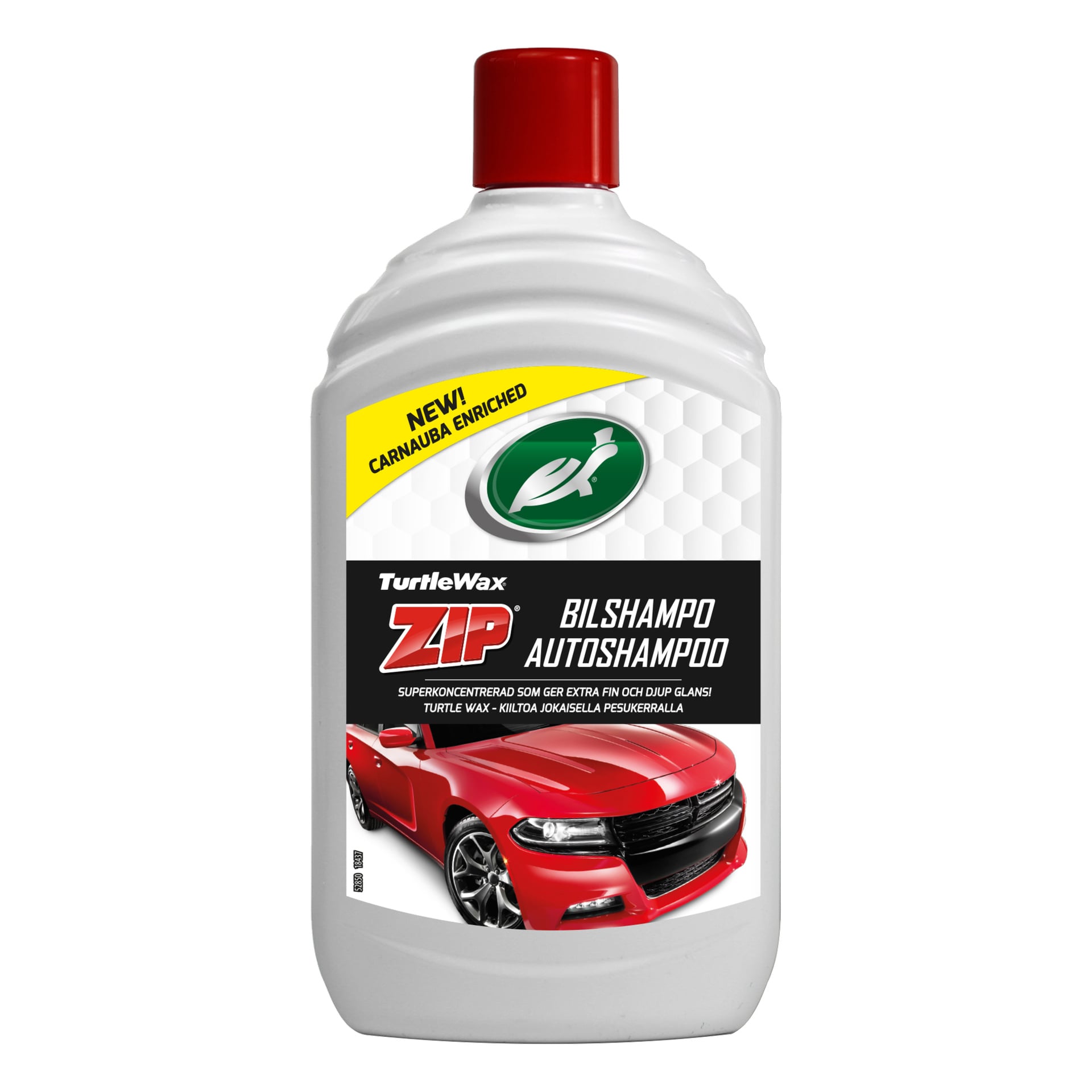 En vit Turtle Wax Zip bilschampoflaska med röd kork. Etiketten visar en röd sportbil och text som markerar "Carnauba Enriched."