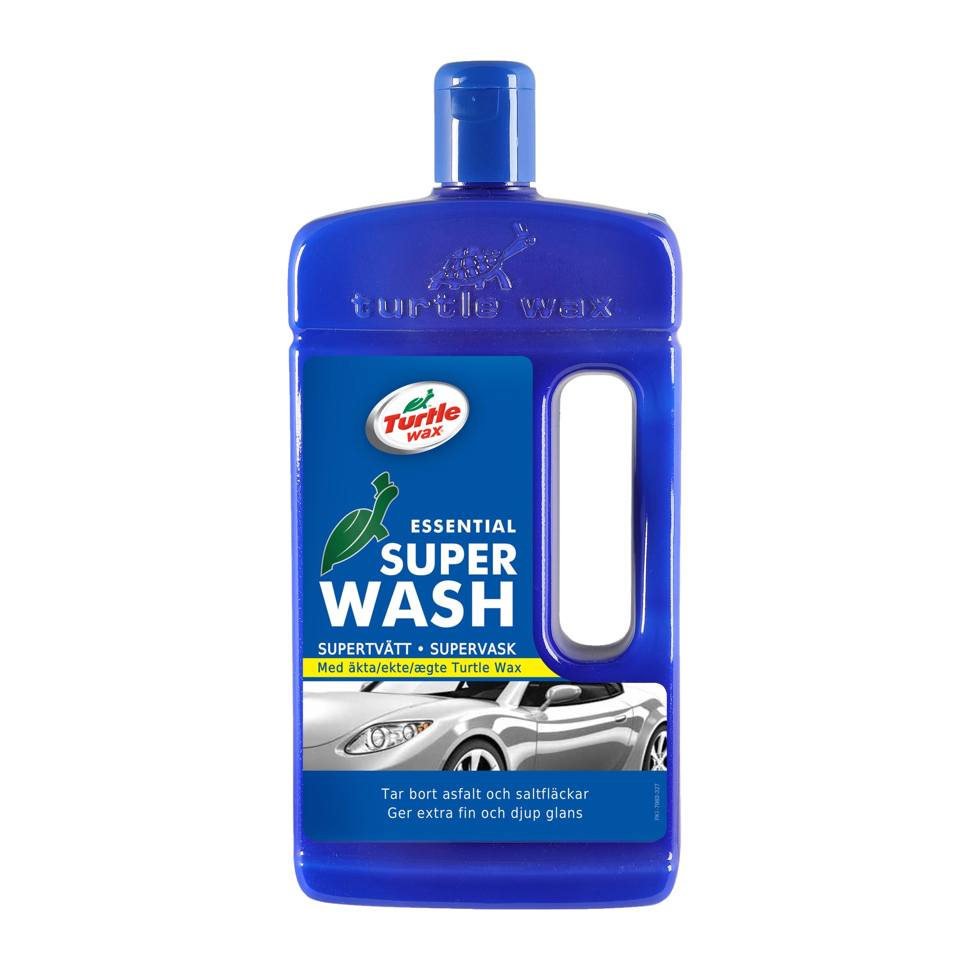 En blå 1-liters flaska Turtle Wax Super Wash bilschampo med en grön etikett som visar Turtle Wax-loggan, produktnamnet och en bild av en silverfärgad bil. Flaskan har ett sidohandtag och en stängd kork.