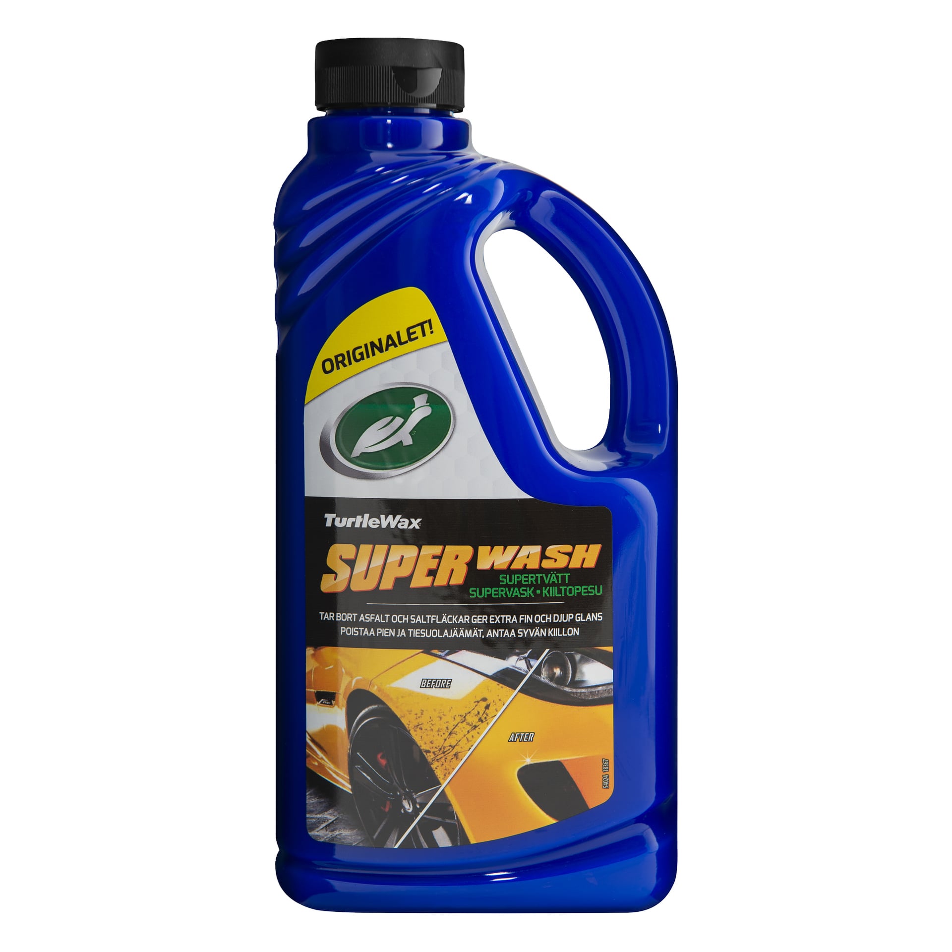 Niebieska butelka Turtle Wax Super Wash z etykietą z porównaniem powierzchni samochodu przed i po oraz napisem ORIGINALET!, SUPER WASH, SUPERTVÄTT, SUPERVASK i KIILTOPESU.