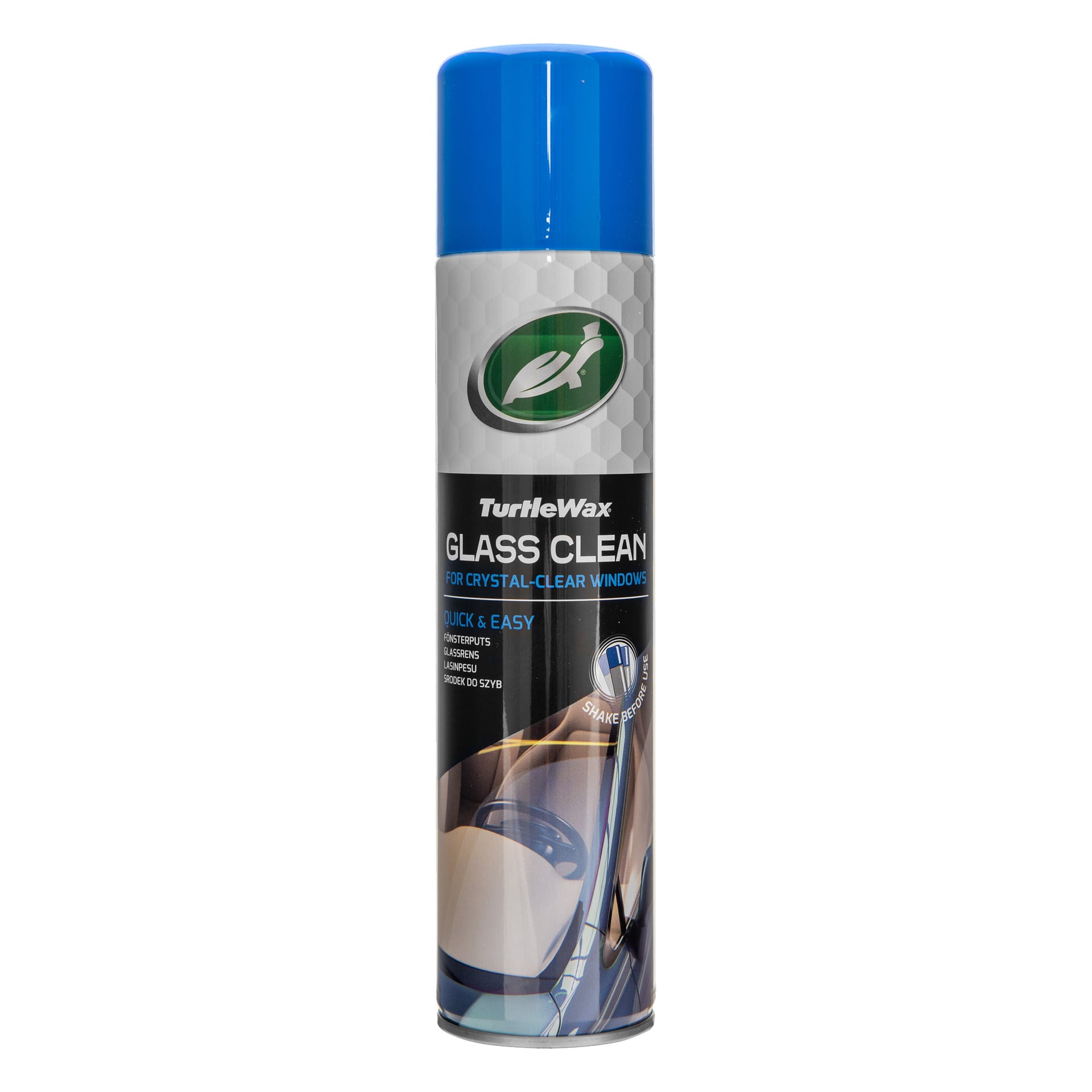 Turtle Wax Glass Clean sprayburk med blå lock; Etiketten visar märke, produktnamn, rengjord bild på vindrutan, instruktioner synliga.