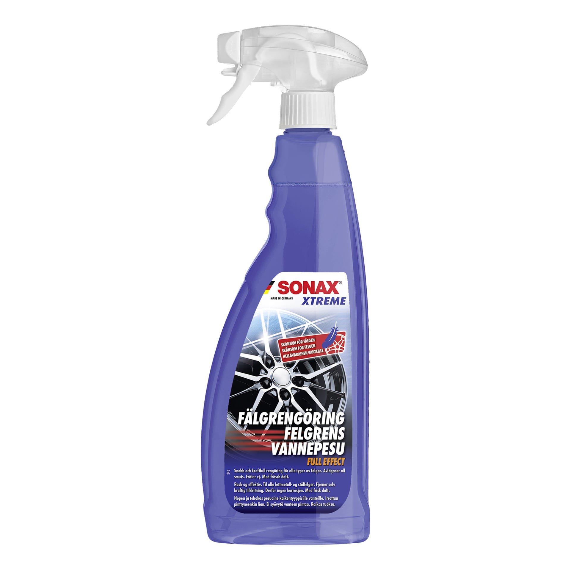 En lilla sprayflaske med Sonax Xtreme-hjulrens, merket Fälgrengöring Felgrens Vannepesu Full Effect, med et sølvfarget hjul og produktinformasjon på flere språk på forsiden.